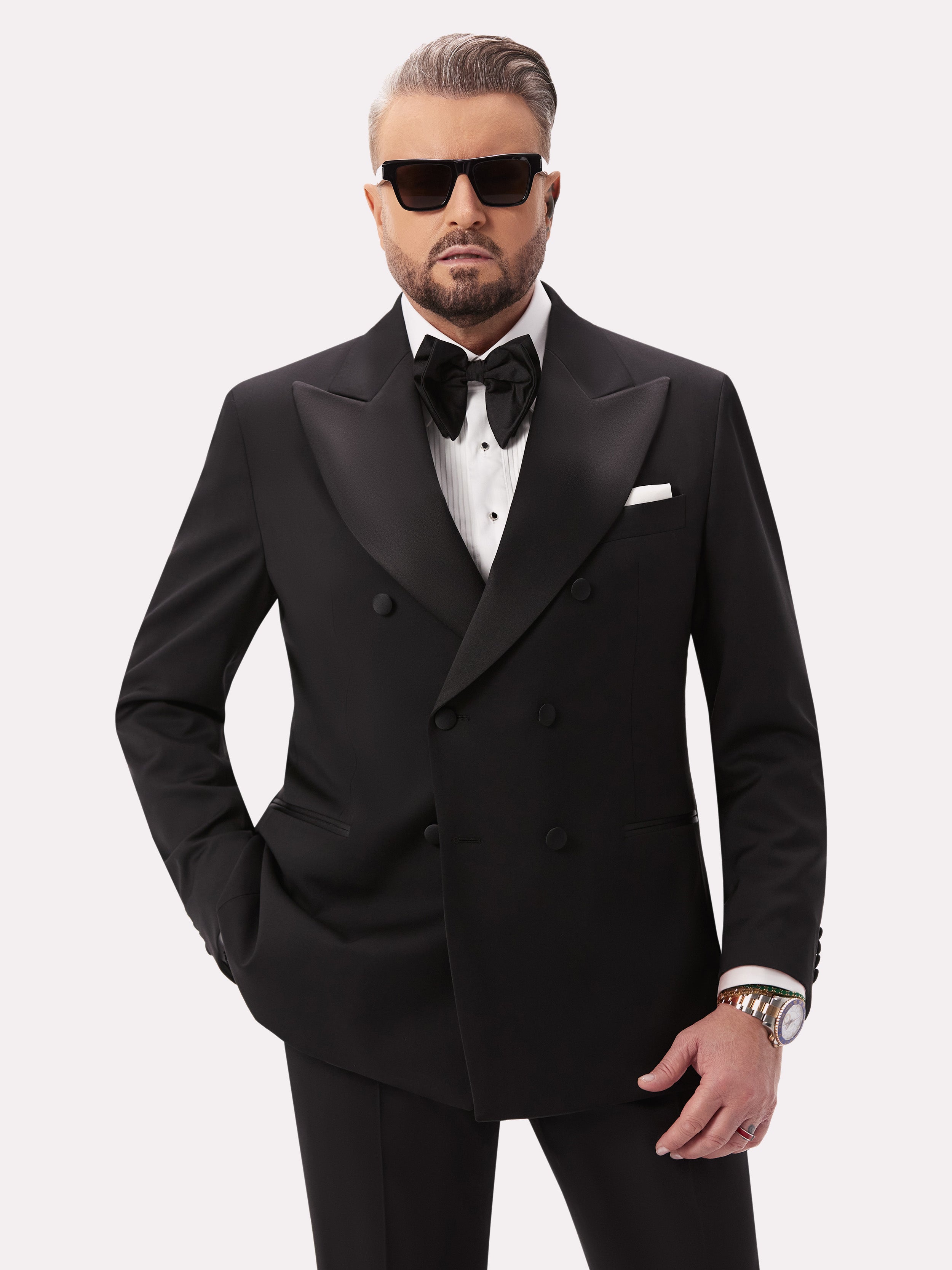 Black tuxedo jacket with two rows of buttons