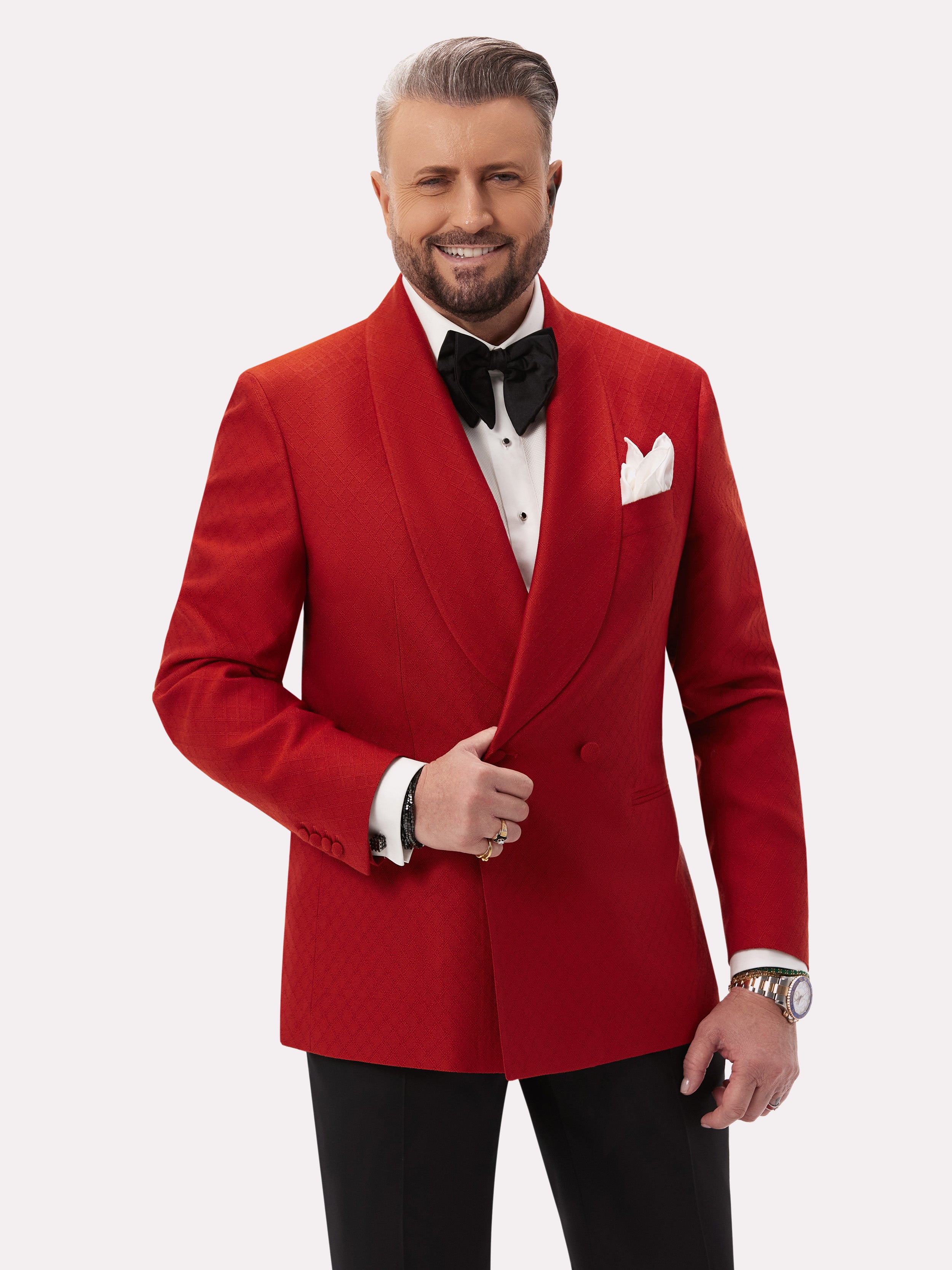 Red tuxedo jacket with two rows of buttons