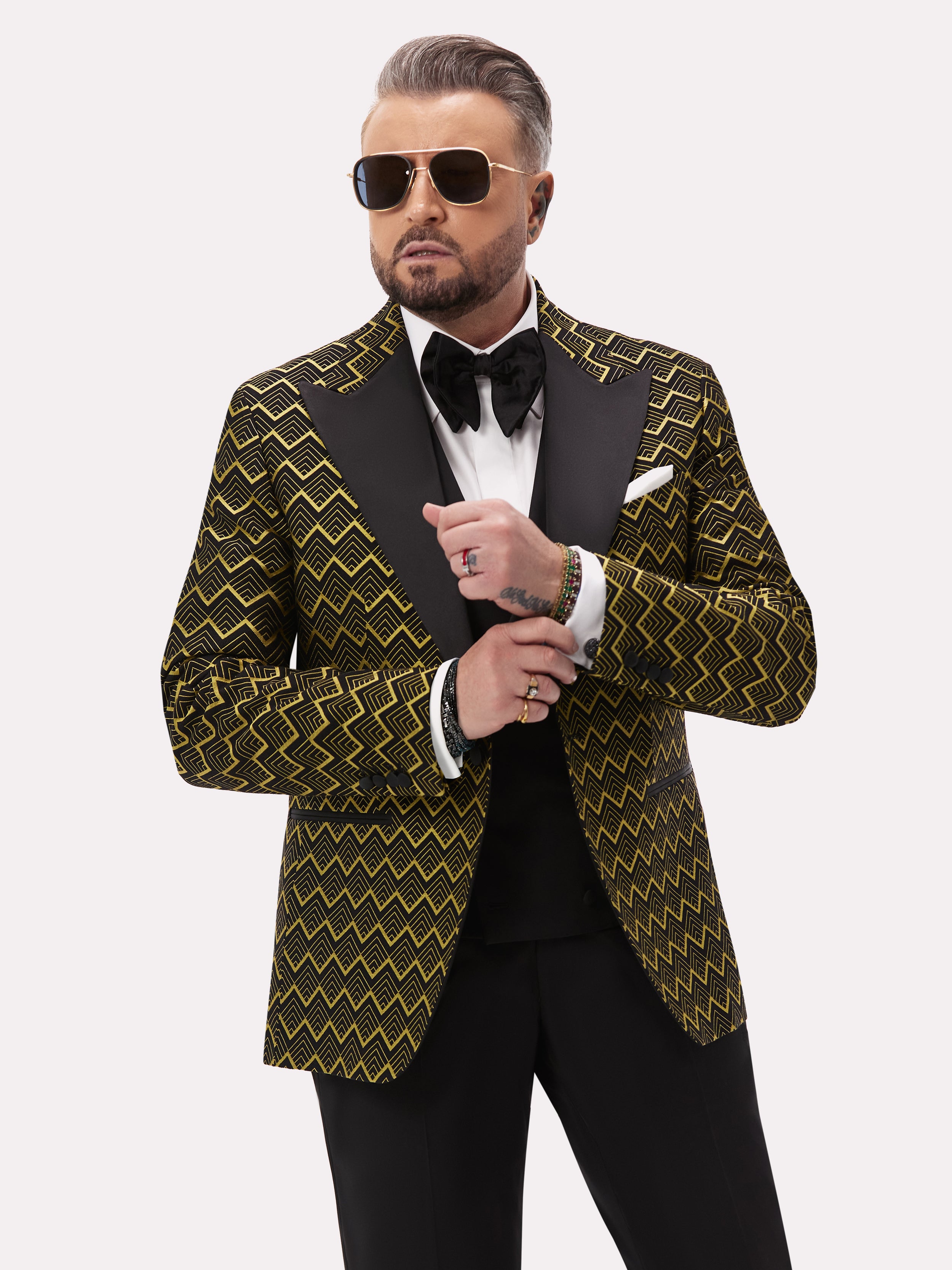Black tuxedo jacket with golden geometric pattern