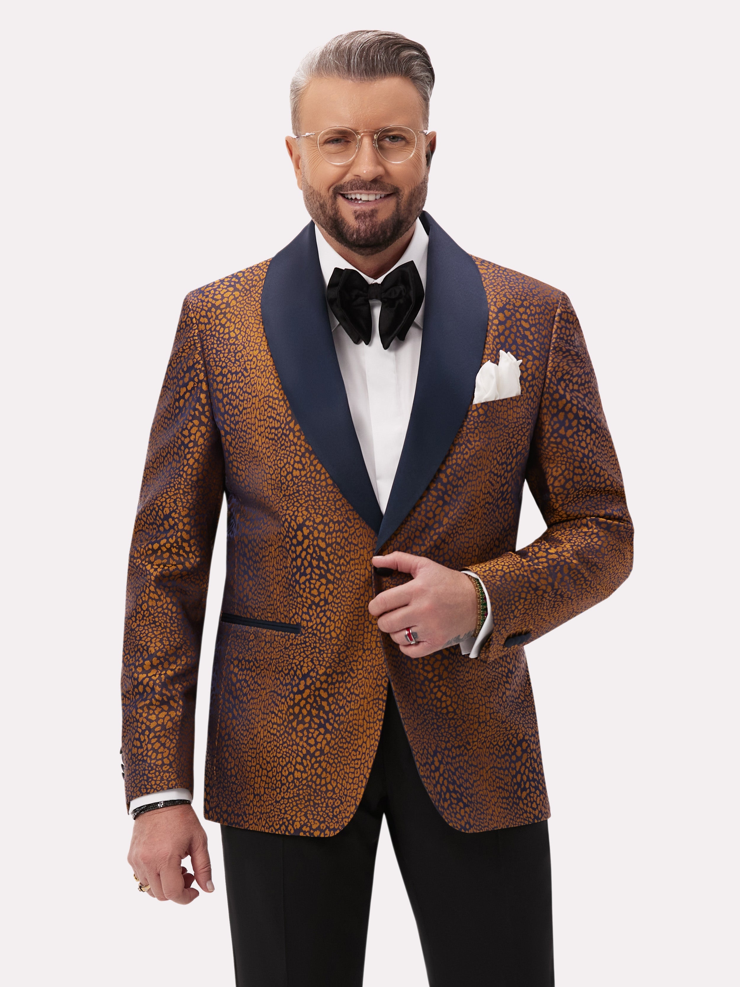 Navy tuxedo jacket with golden animal print made of natural silk