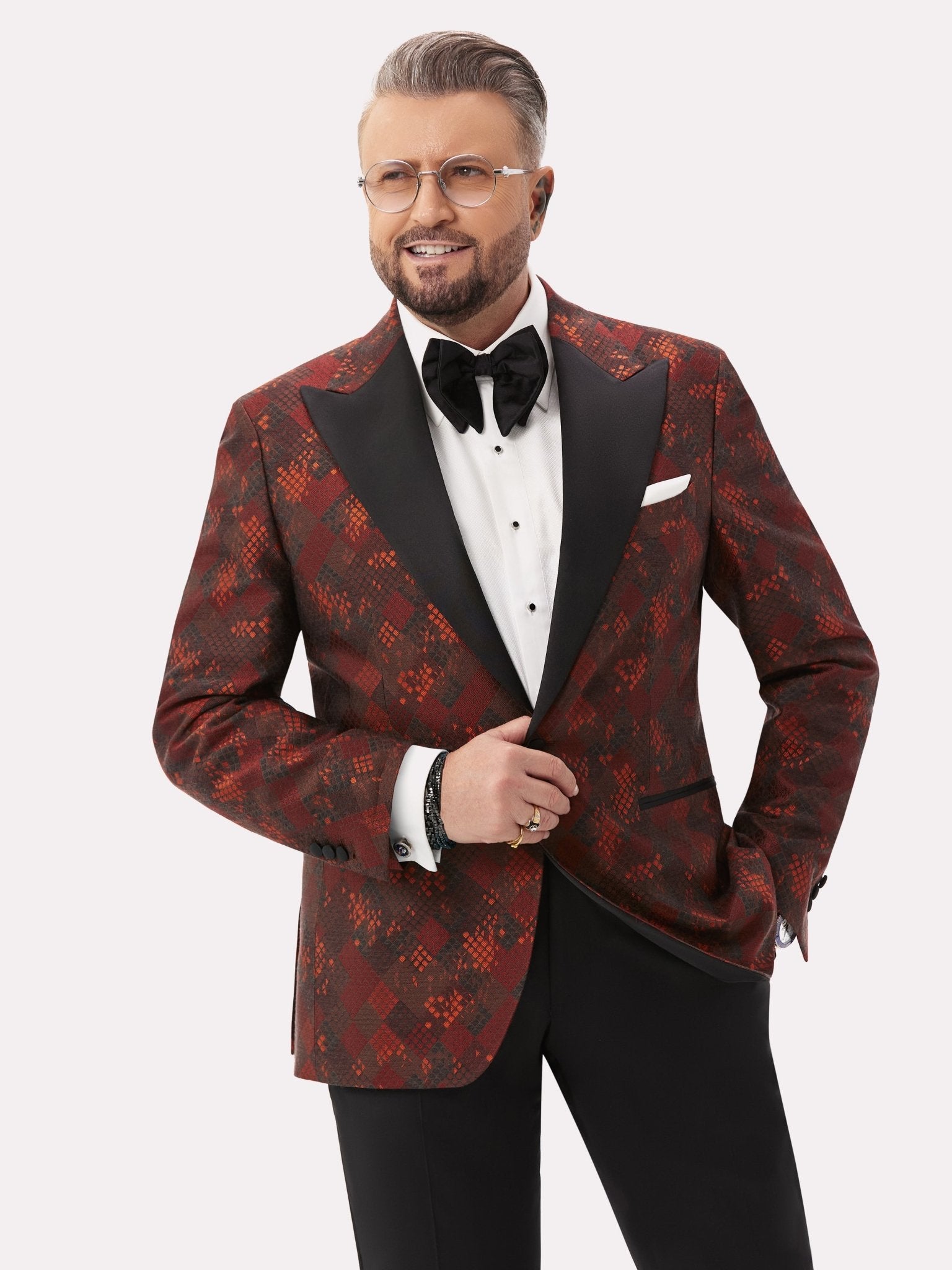 Sacou smoking negru cu model geometric bordeaux - Viggo