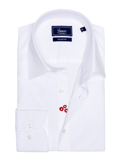 White non-iron shirt with hidden red flower