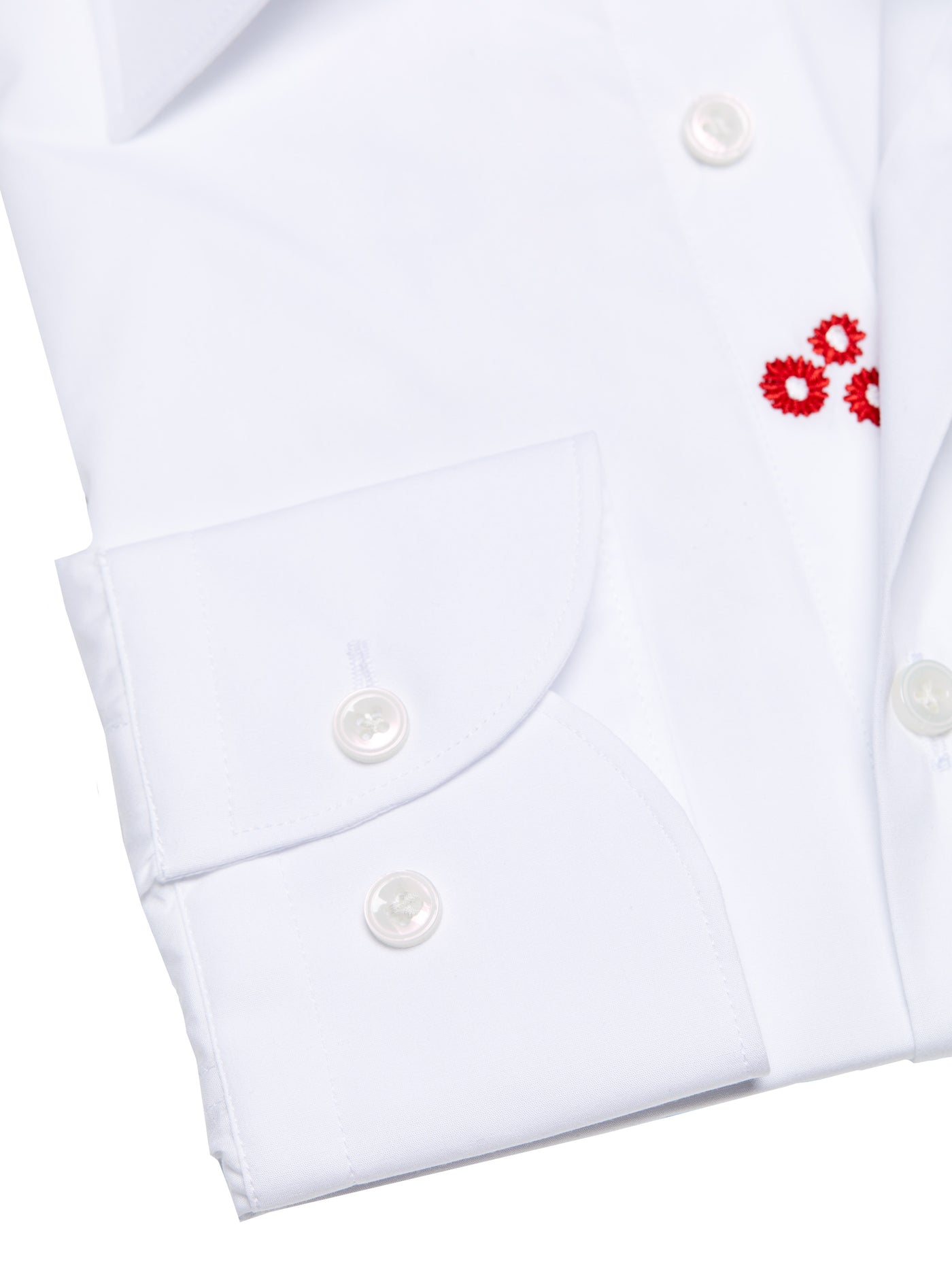 White non-iron shirt with hidden red flower