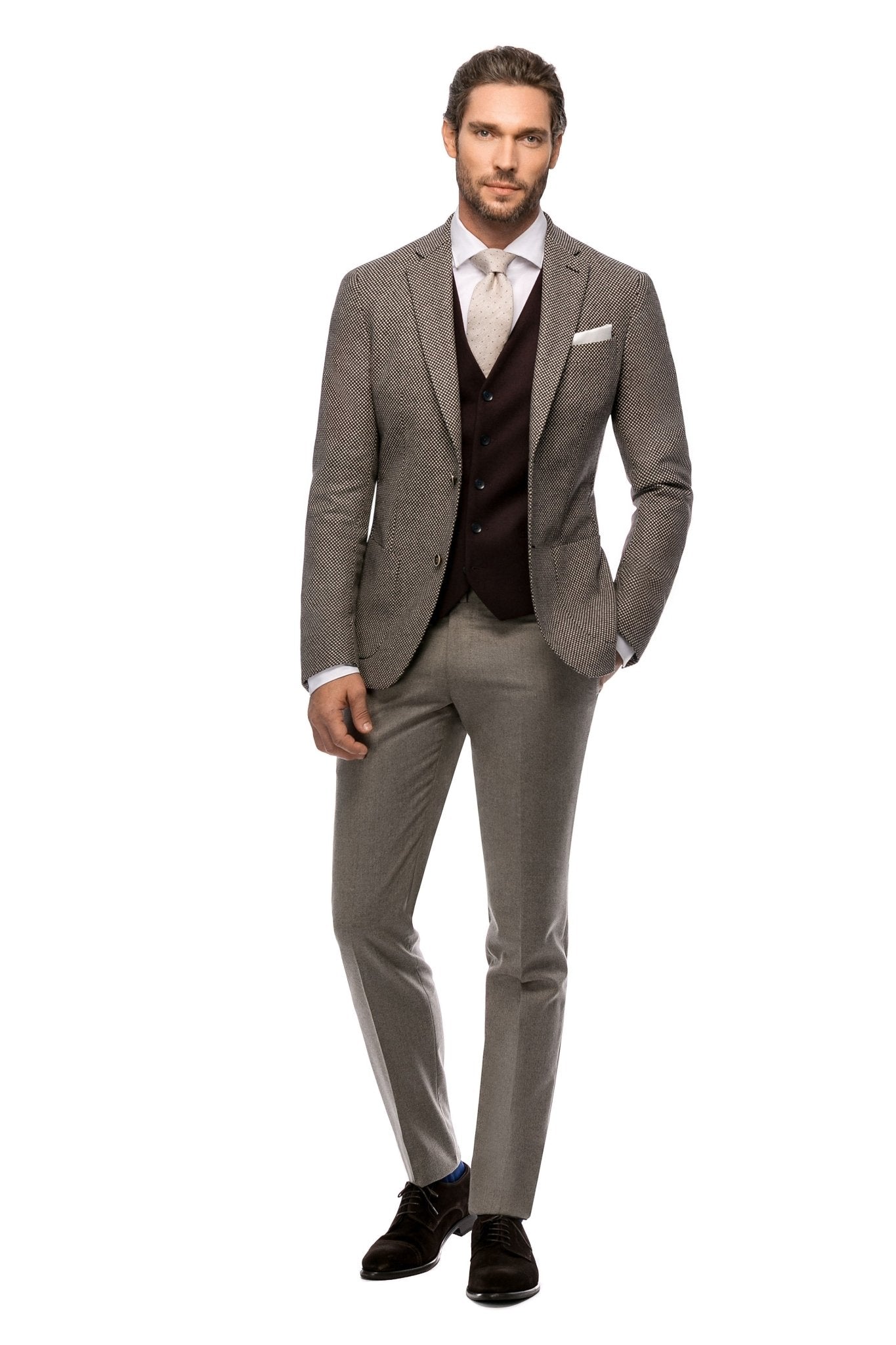 Sacou beige houndstooth, slim fit - Viggo