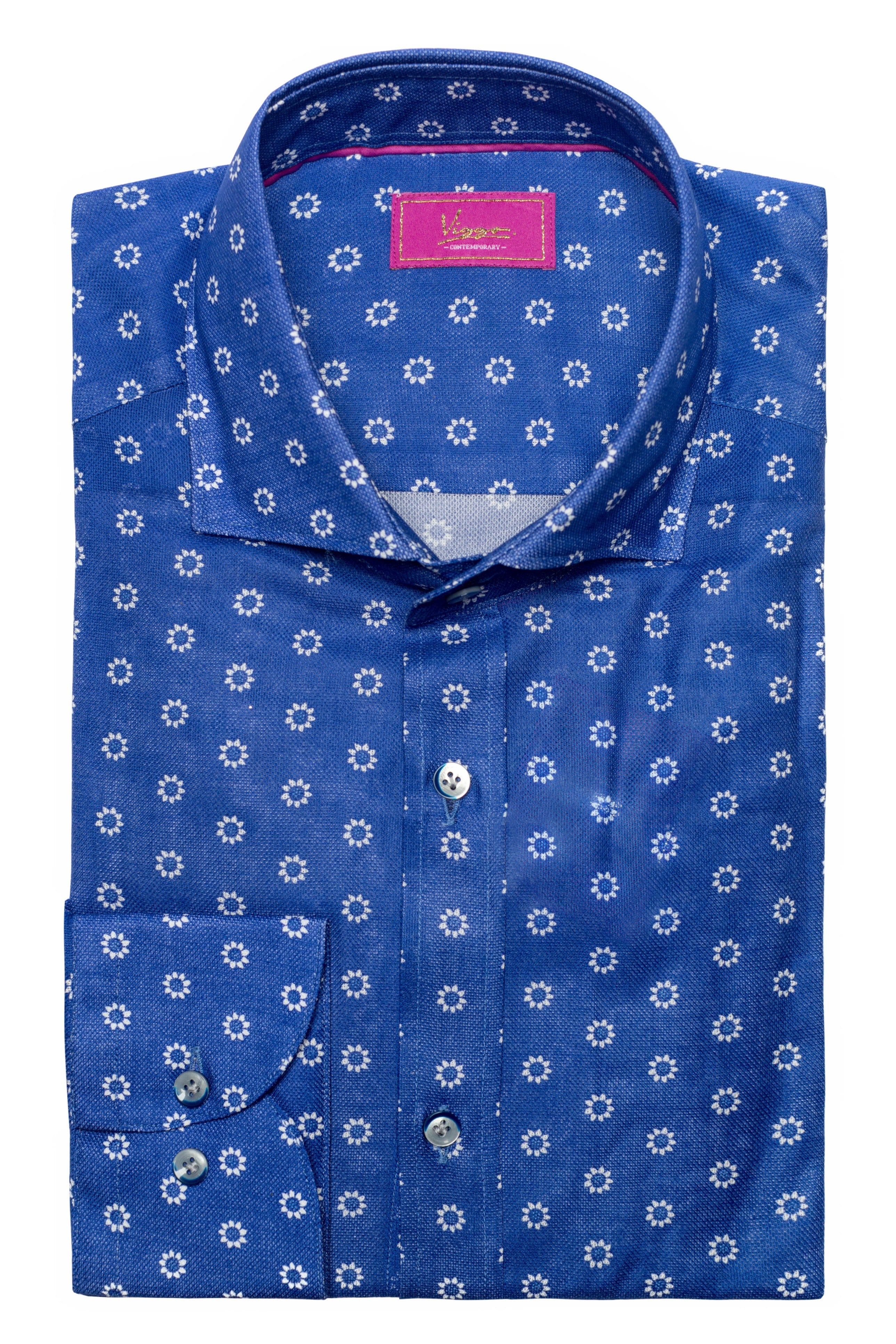 Camicia Blu Con Fiori Bianchi