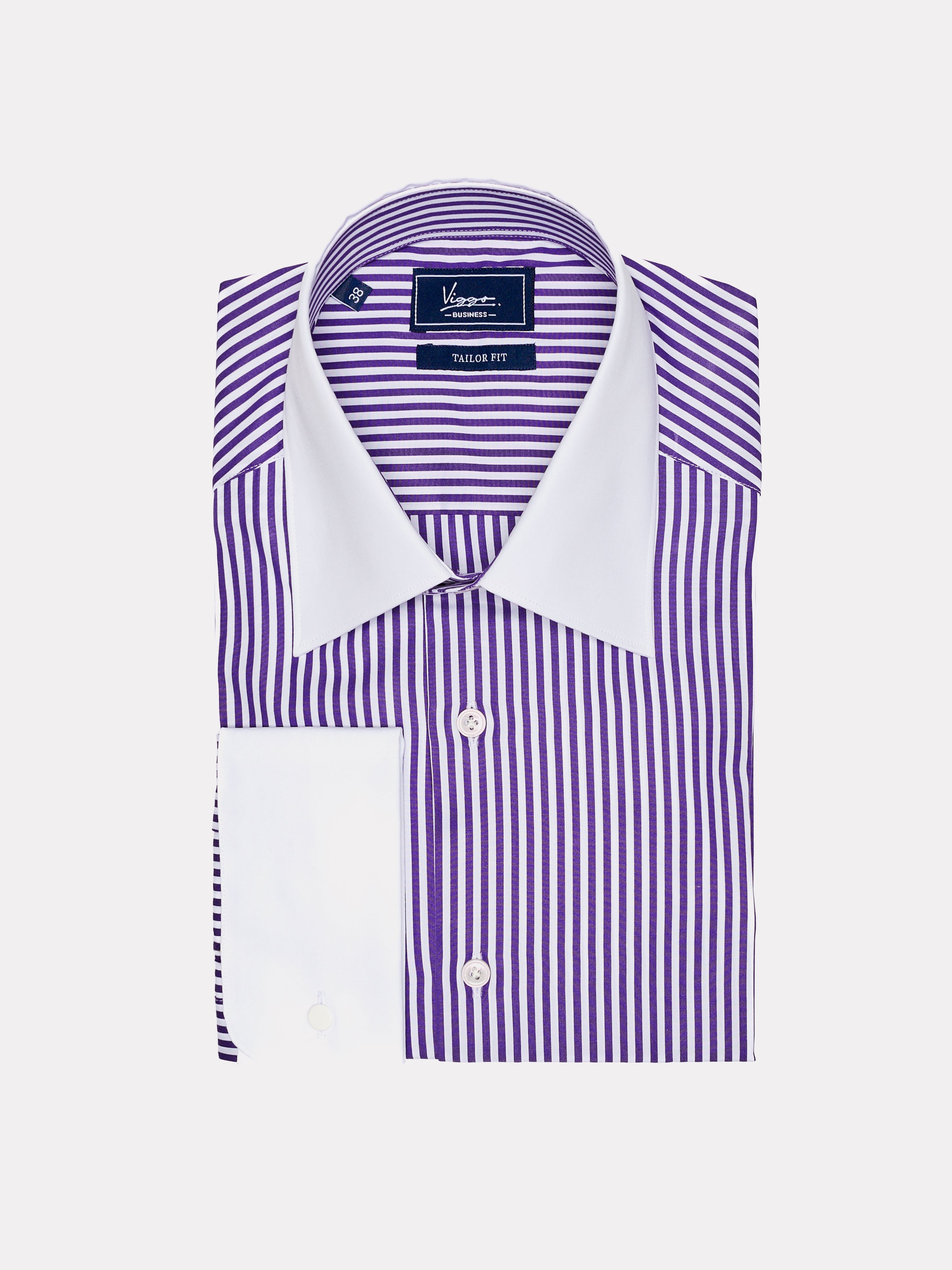 紫のストライプの白いシャツ、ボタンカフス