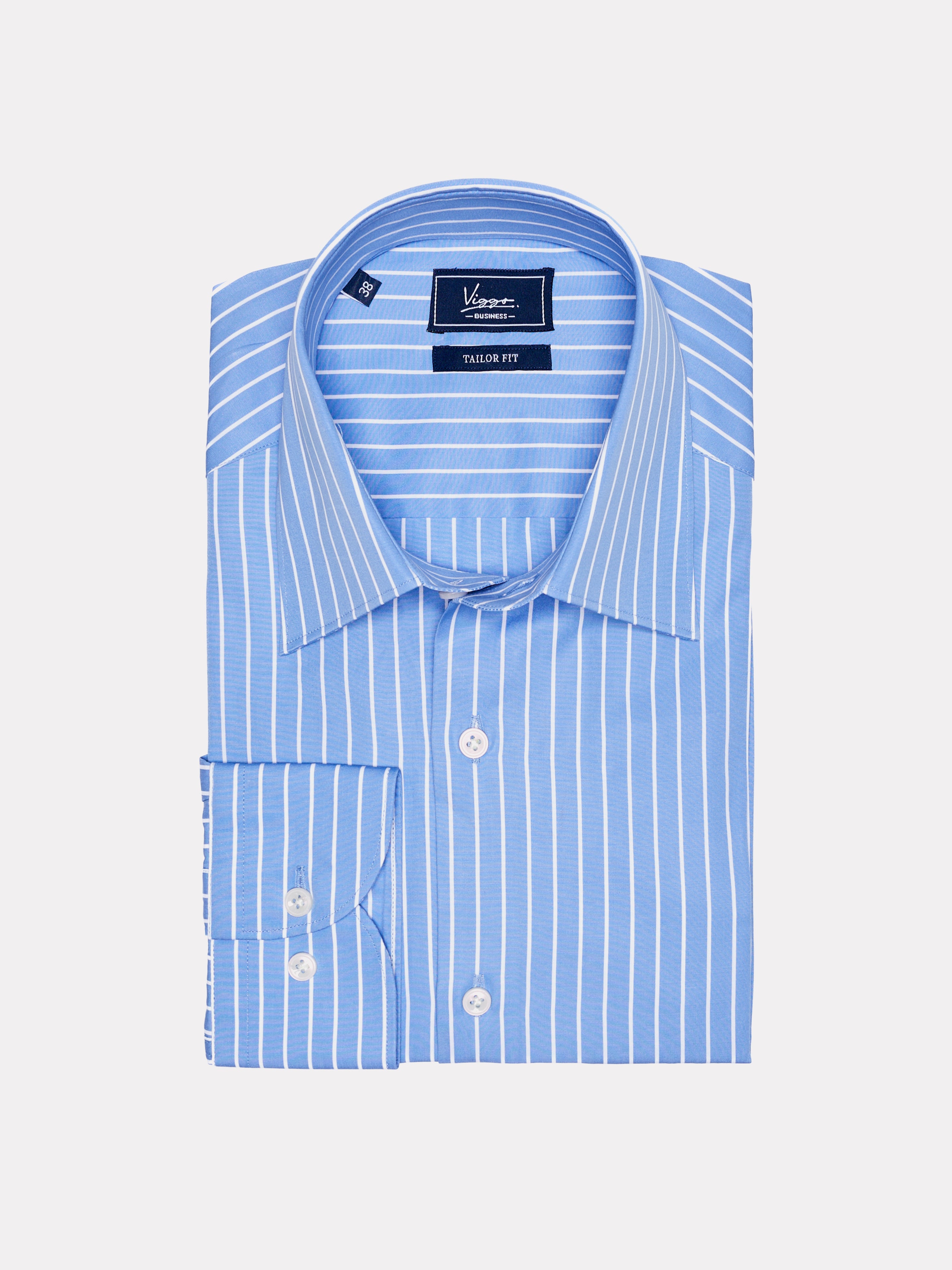 Blue shirt with white stripes