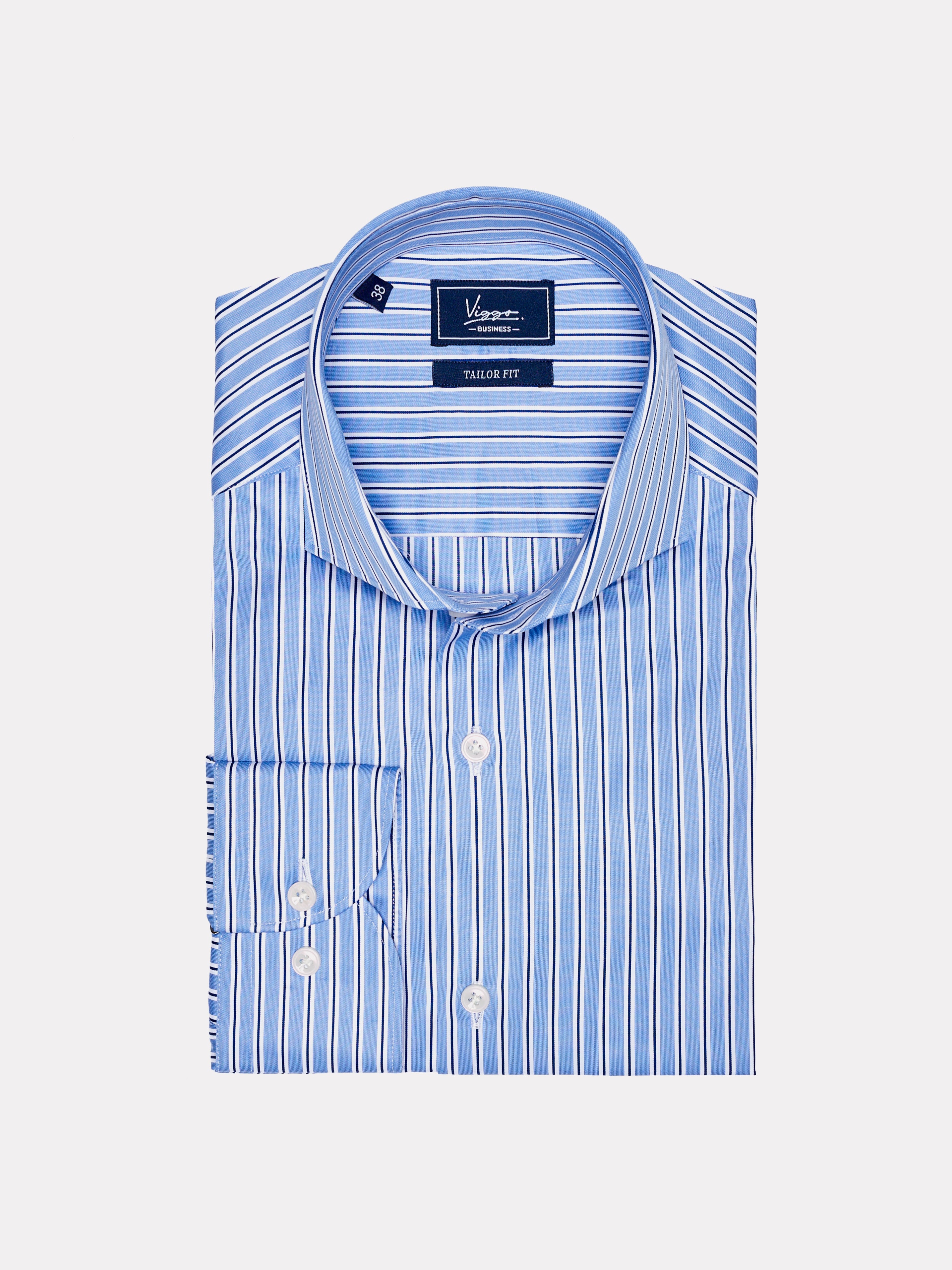 Blue shirt with white and navy stripes