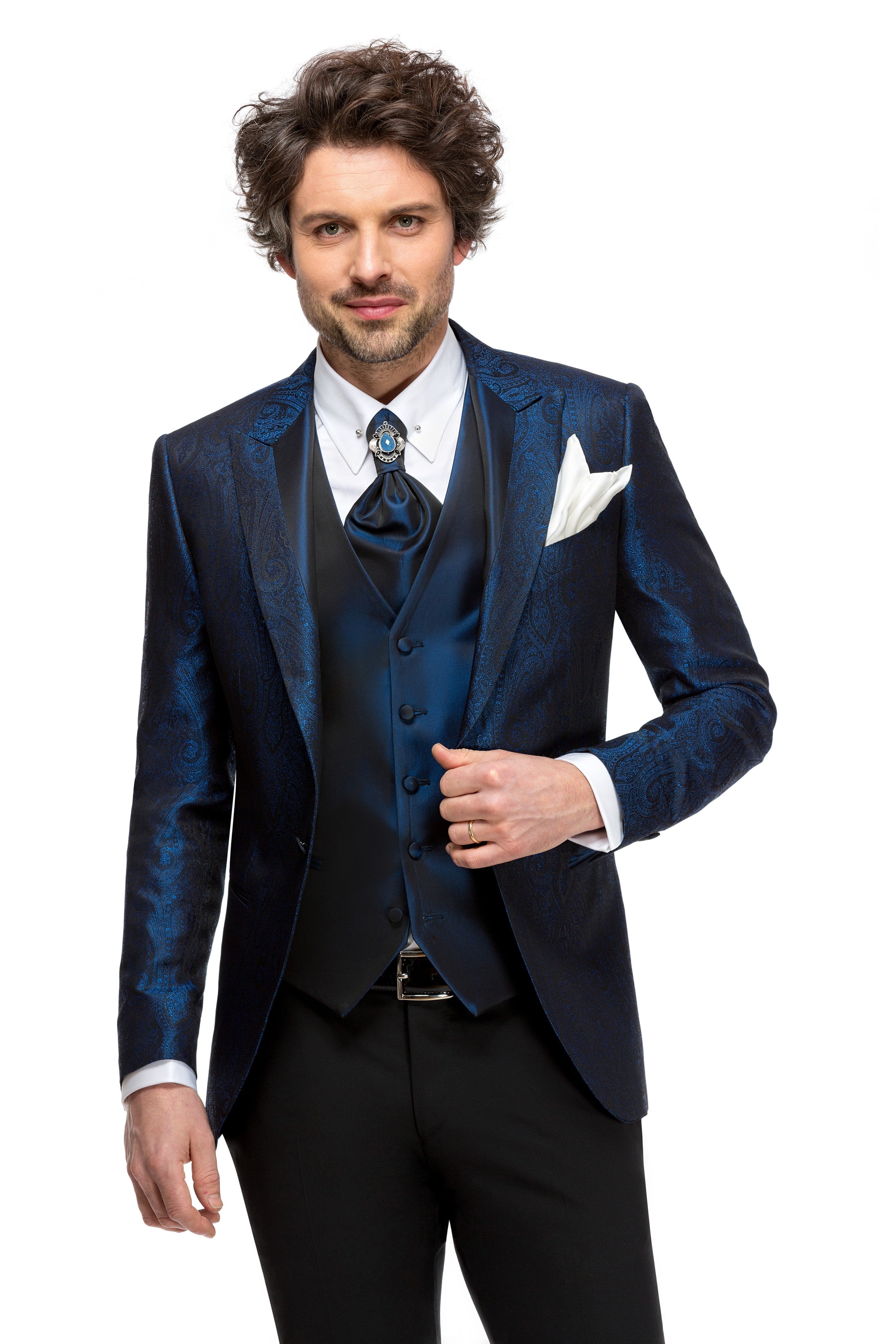 Blue tuxedo jacket with paisley print