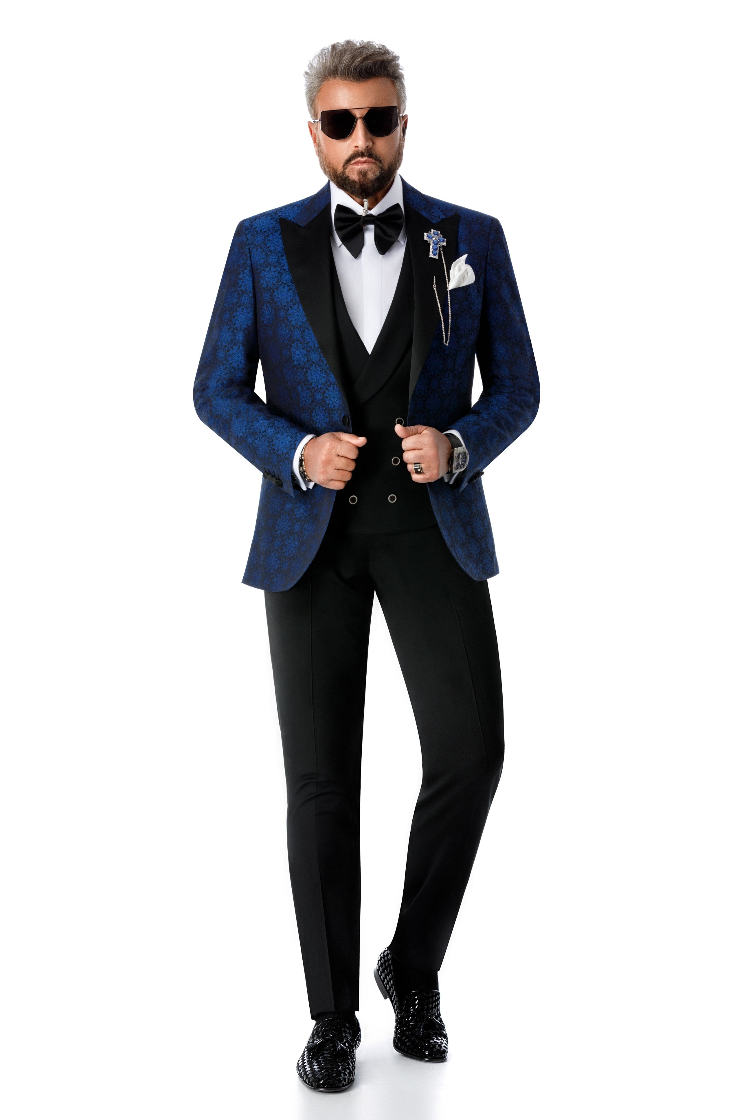 Blue jacquard floral tuxedo jacket