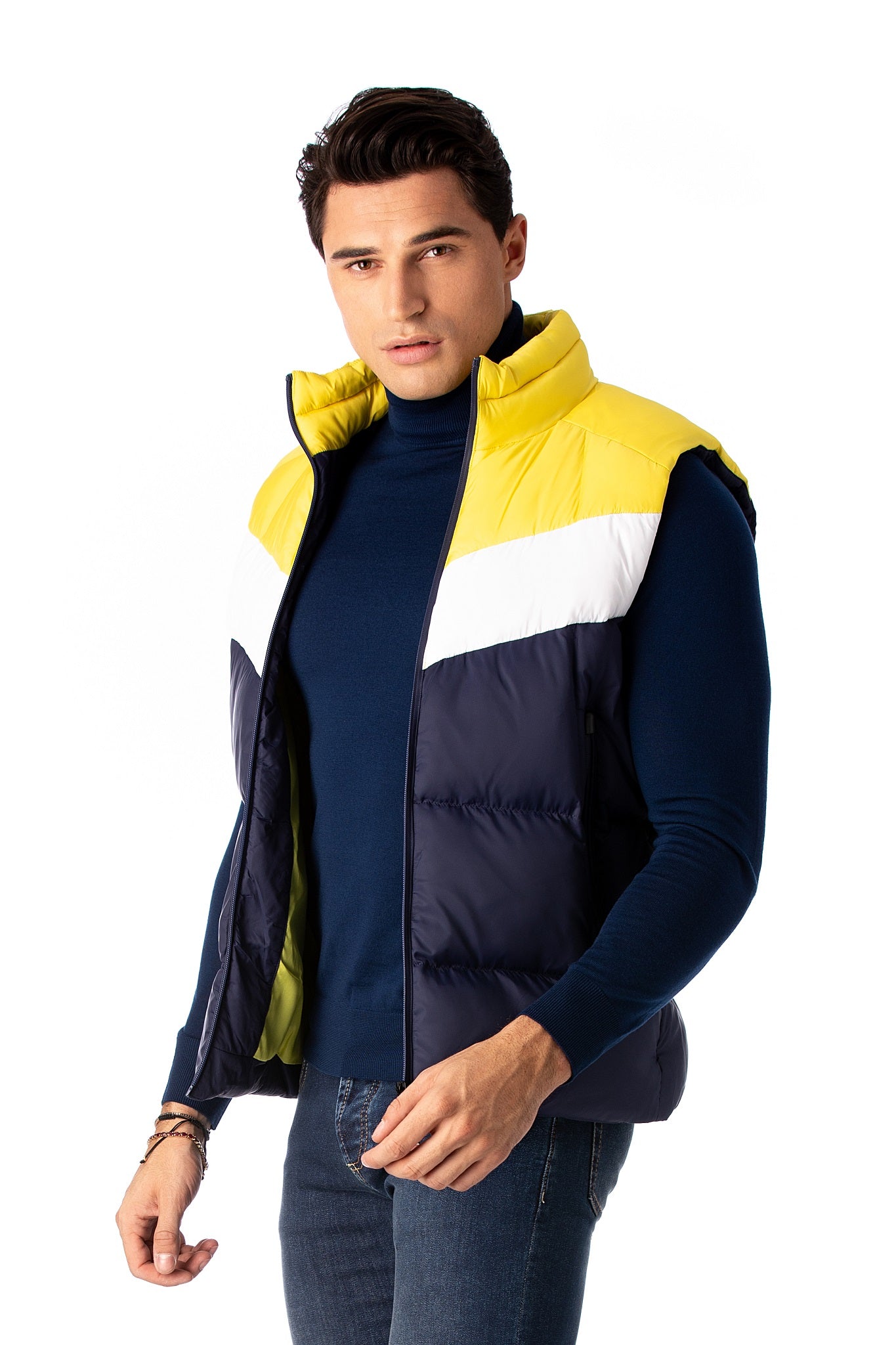 Gilet sportivo blu scuro con bianco e giallo