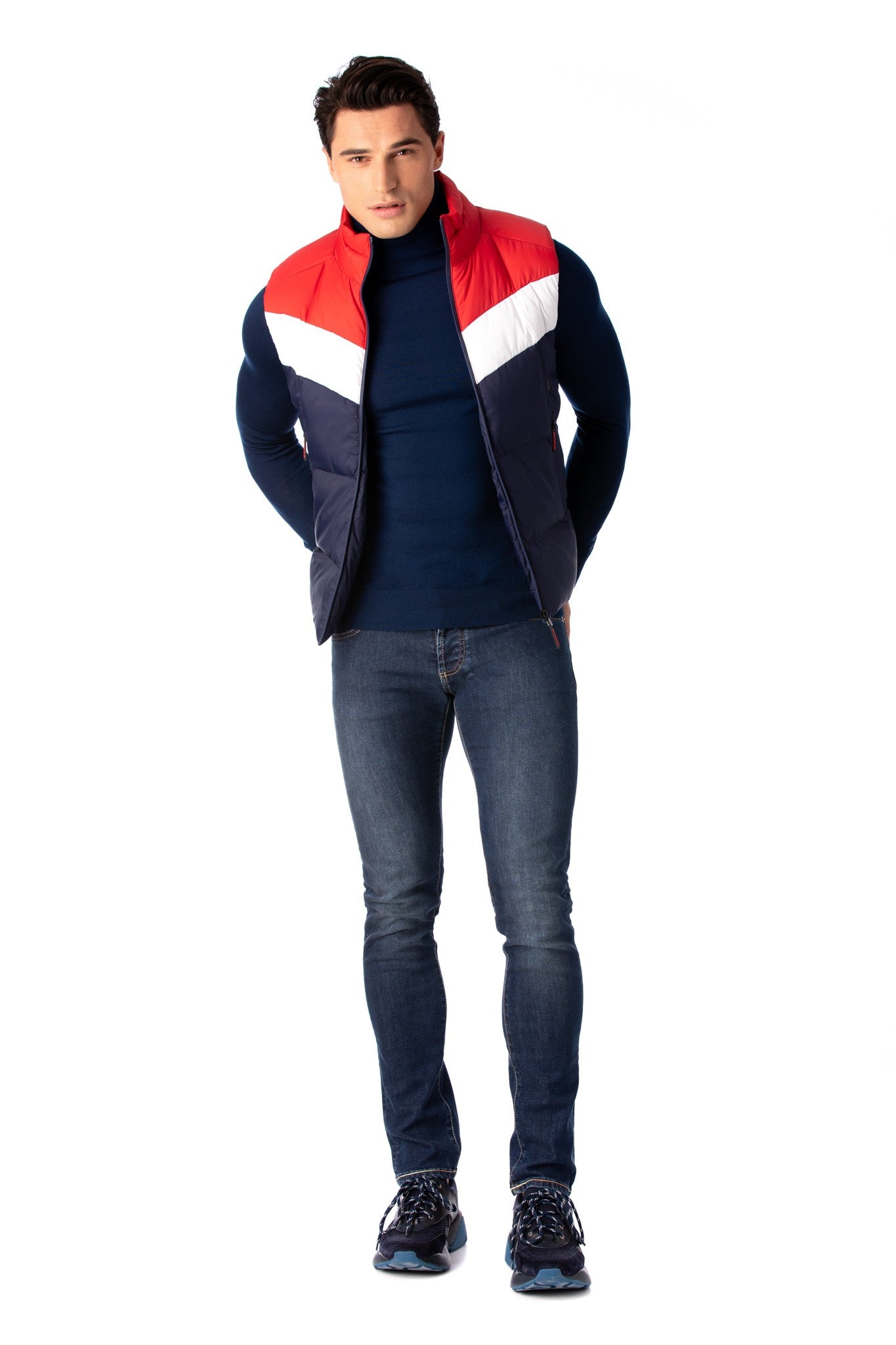 Gilet sportivo blu scuro con bianco e rosso