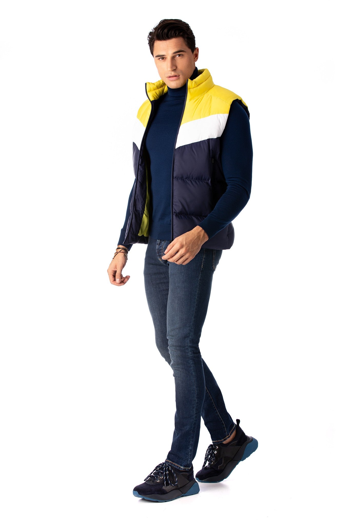 Gilet sportivo blu scuro con bianco e giallo