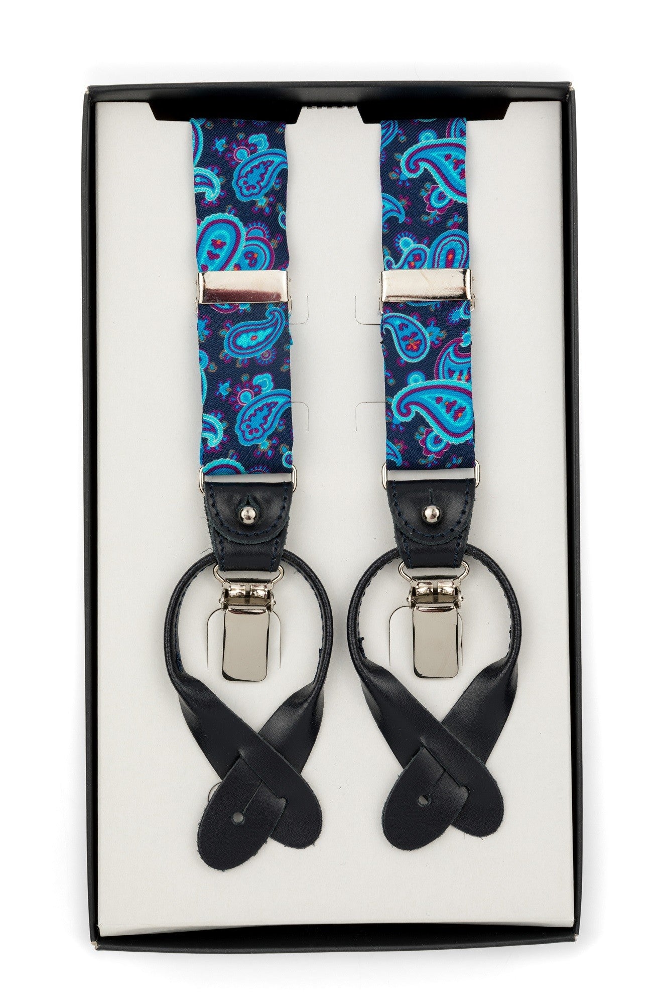 Navy Blue Suspenders With Blue Paisley Pattern