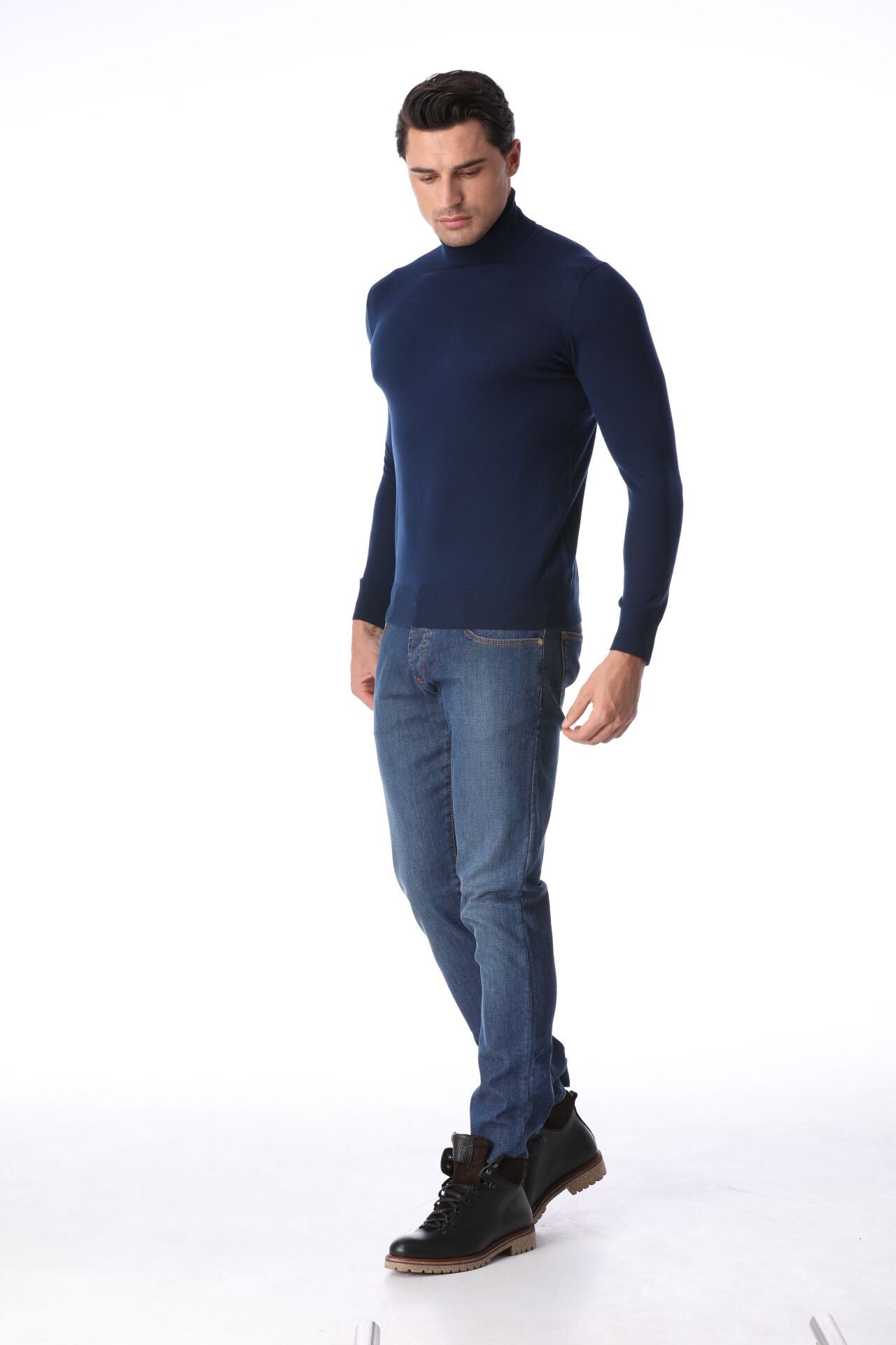 Camicetta con collo in lana merino blu navy