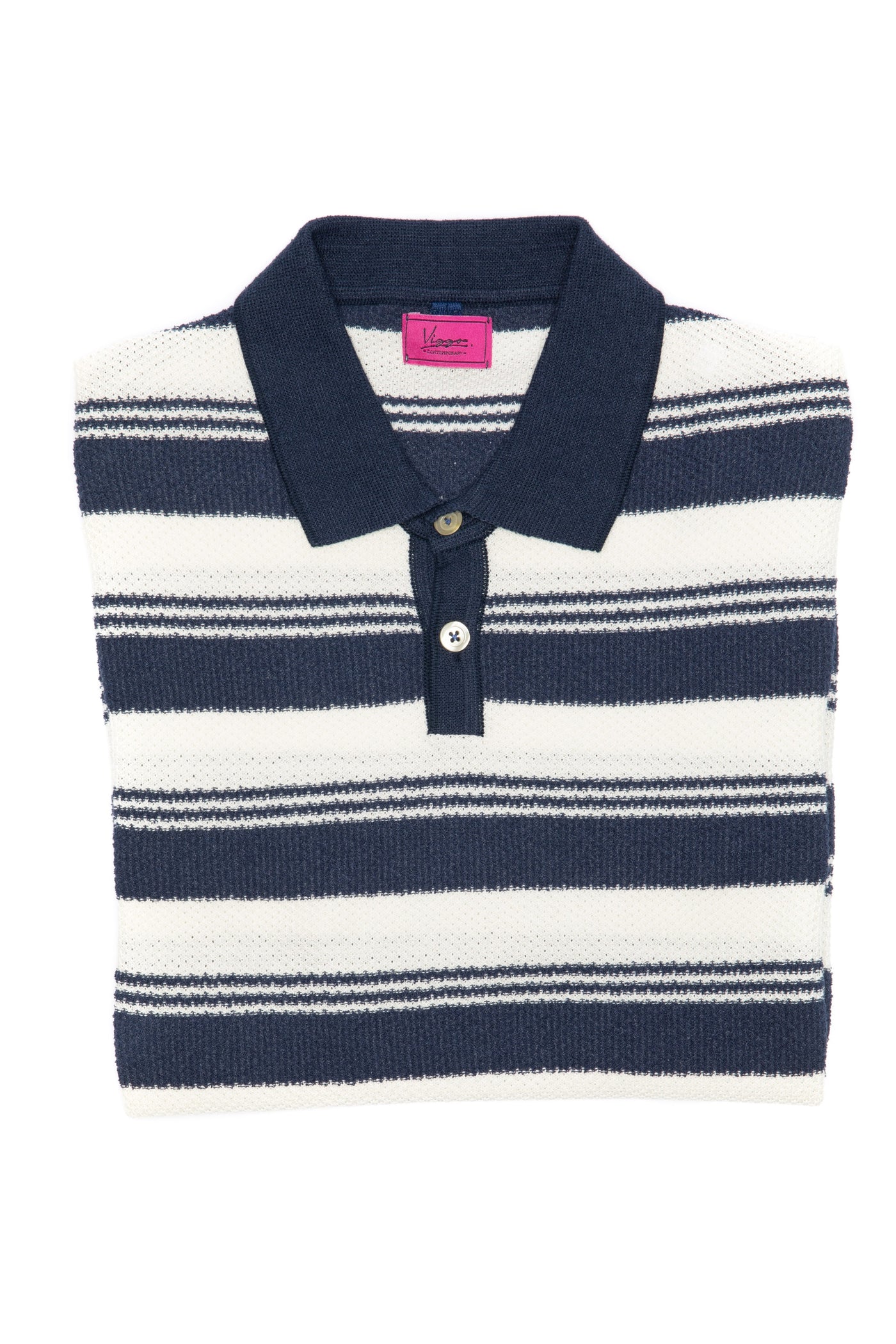 Navy Blue Casual T-Shirt With Wide White Stripes And Polo Collar