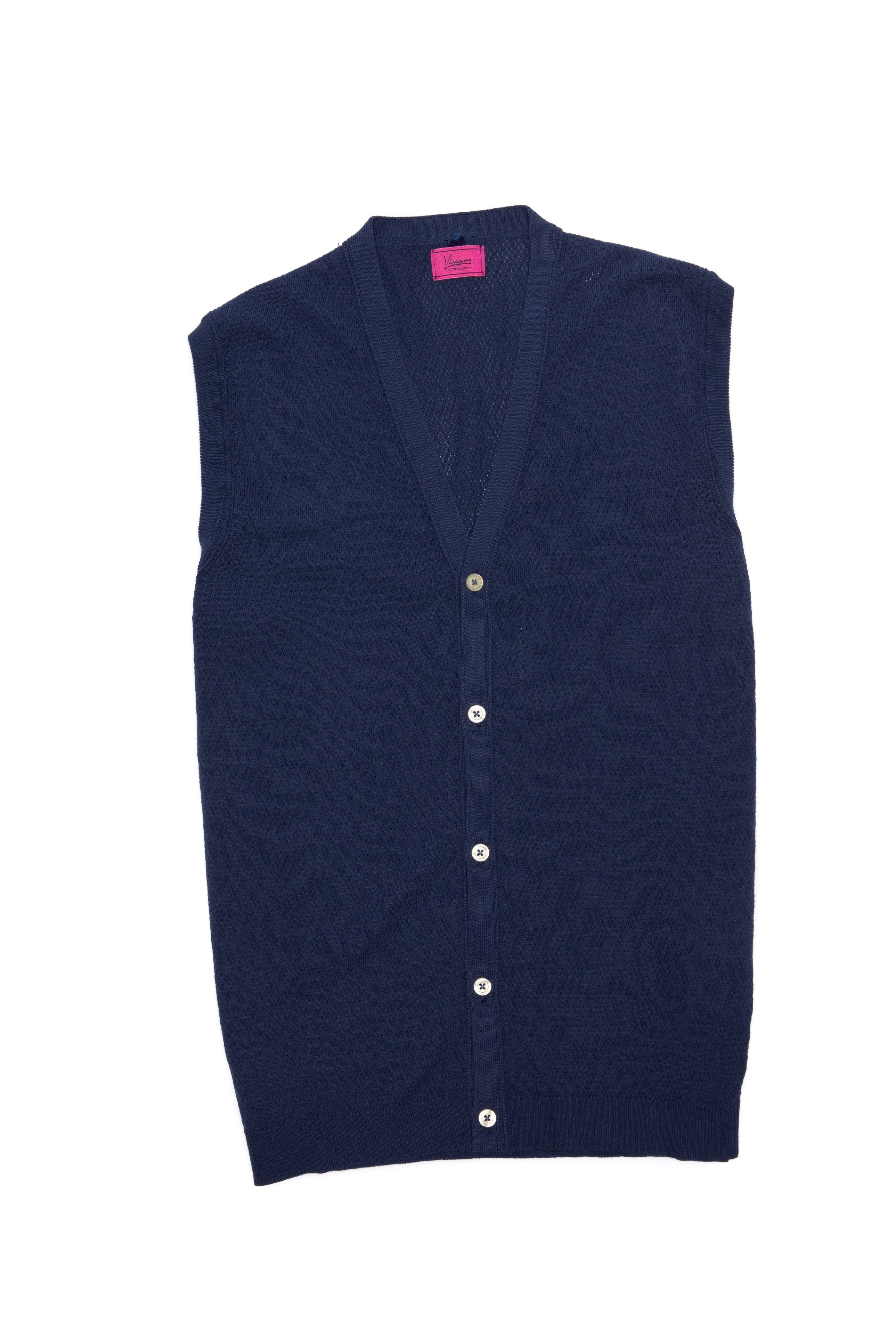 Navy Blue Textured Casual Vest With Buttons