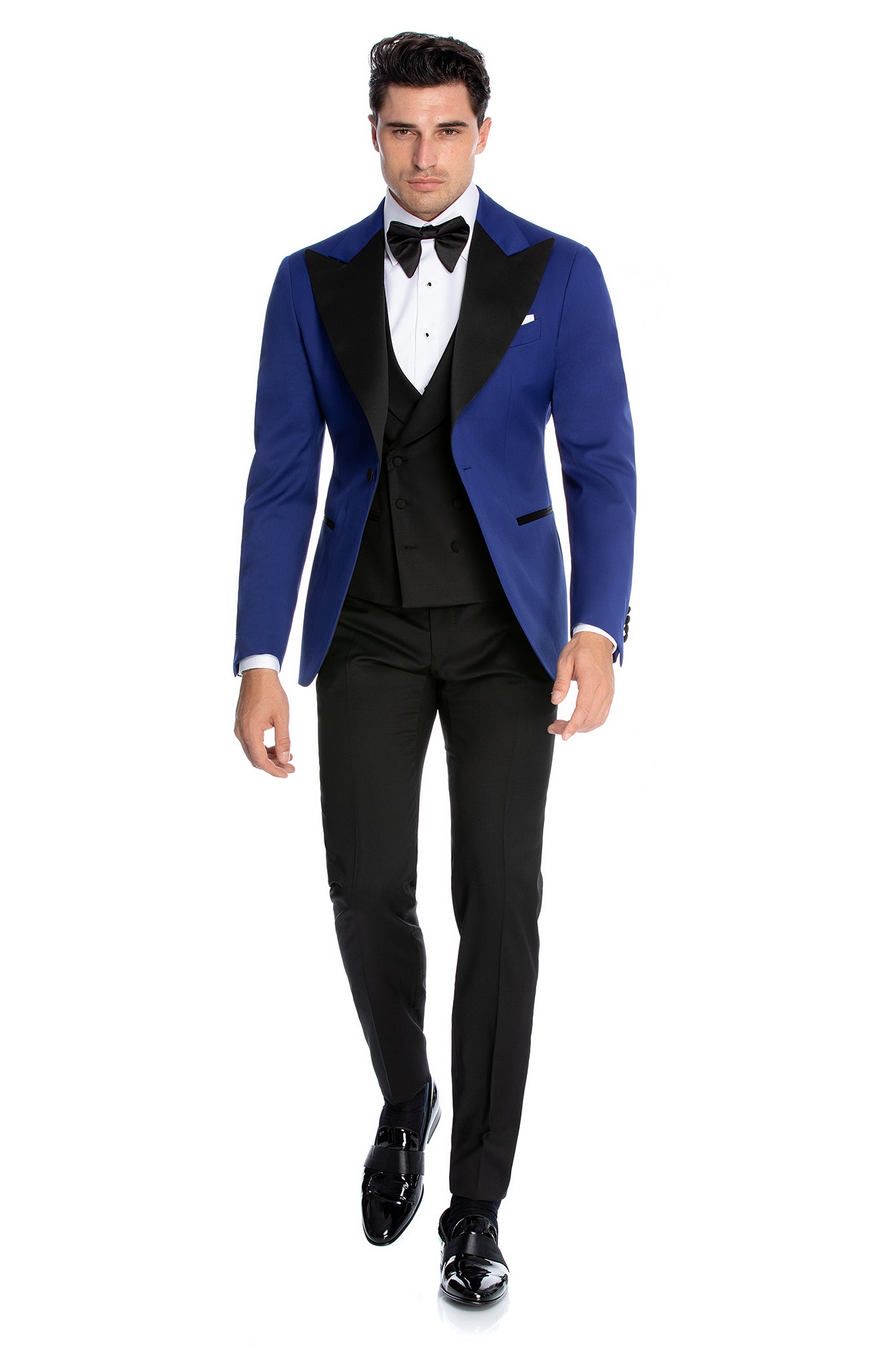 Blue tuxedo jacket with contrasting lapel