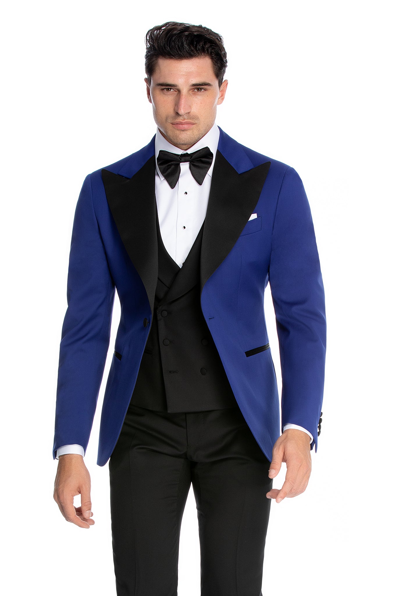 Blue tuxedo jacket with contrasting lapel