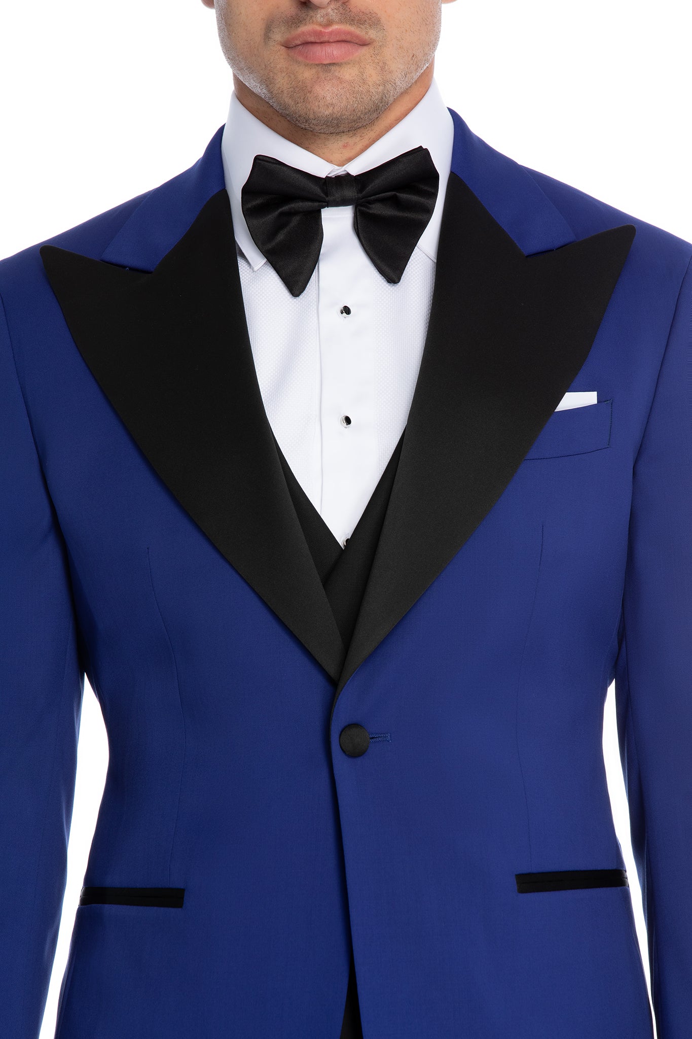 Blue tuxedo jacket with contrasting lapel