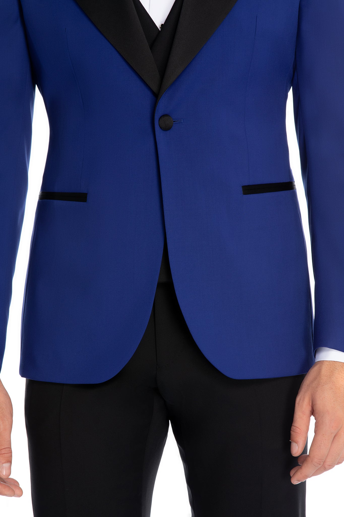 Blue tuxedo jacket with contrasting lapel