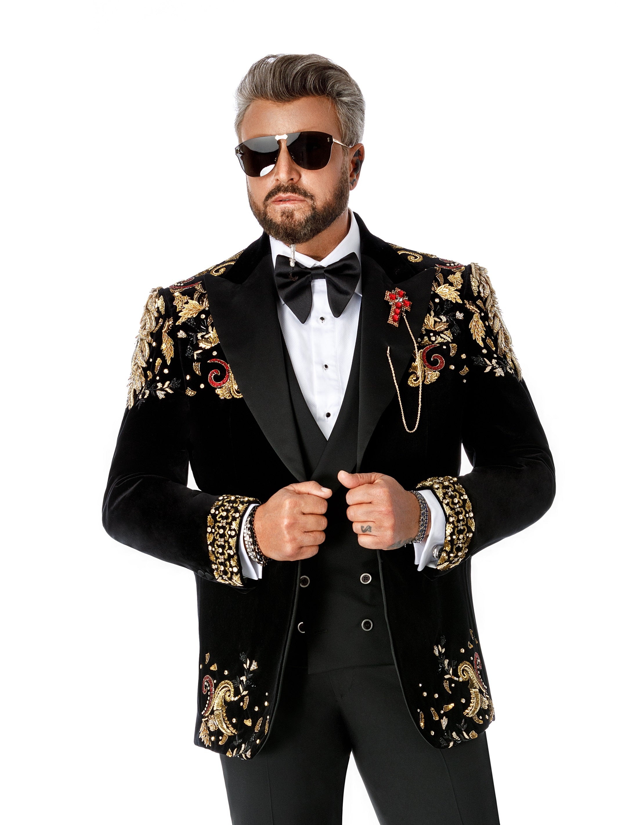 Black velvet tuxedo jacket with embroidery and natural stones