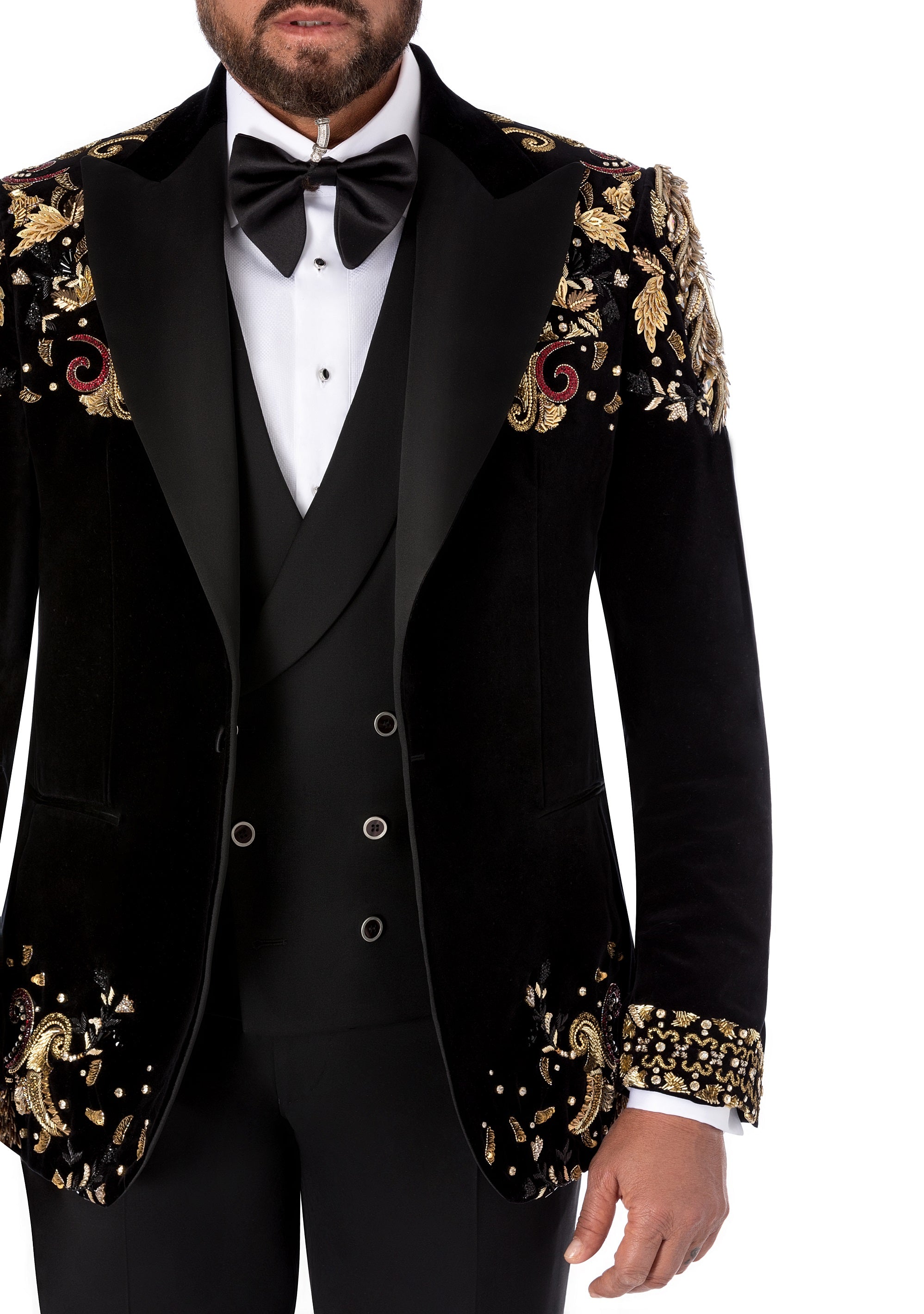 Black velvet tuxedo jacket with embroidery and natural stones