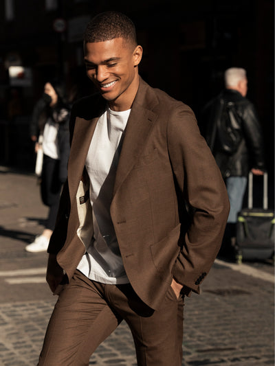 Brown two-piece suit, tailored fit