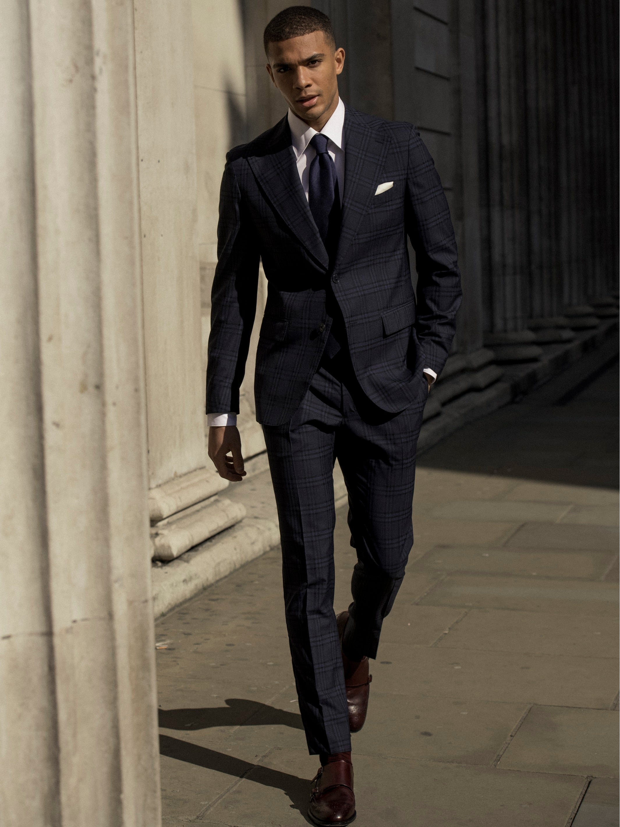 Two-piece navy plaid suit, tailored fit