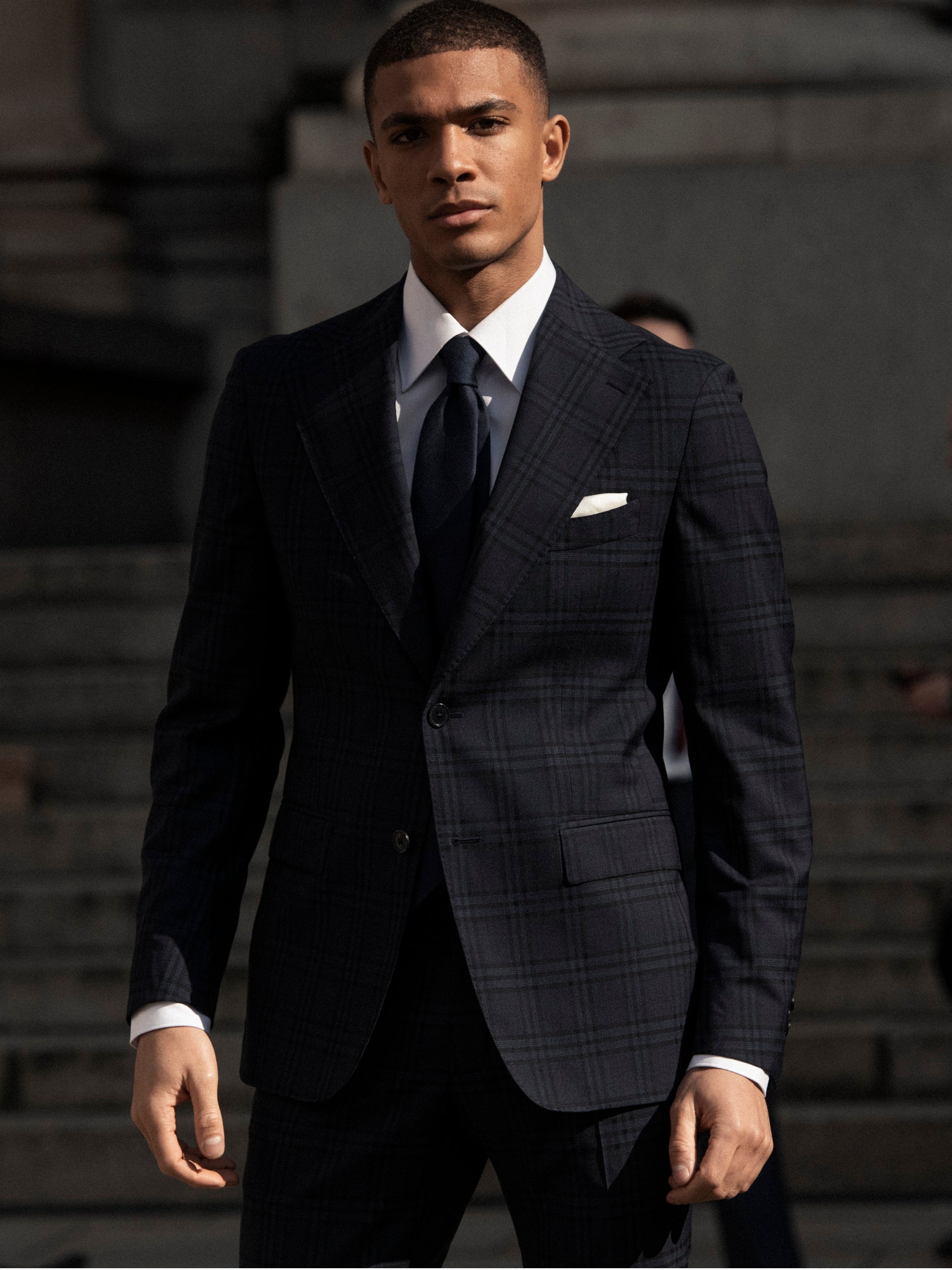 Two-piece navy plaid suit, tailored fit