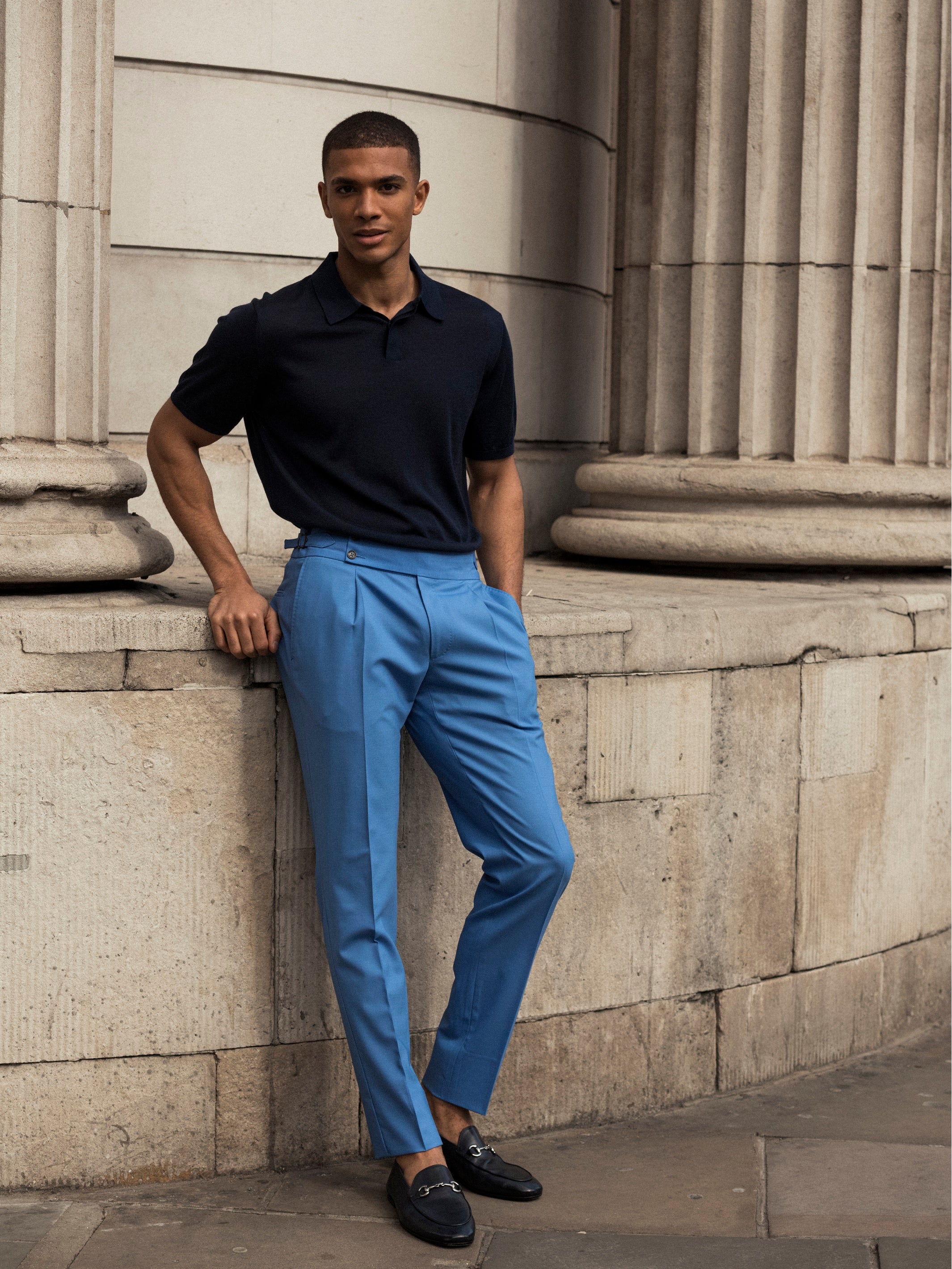 Navy polo shirt made of natural silk and merino wool