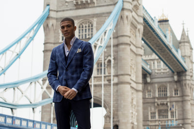 Sacou navy check, tailored fit