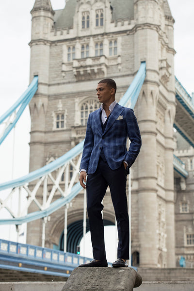 Sacou navy check, tailored fit