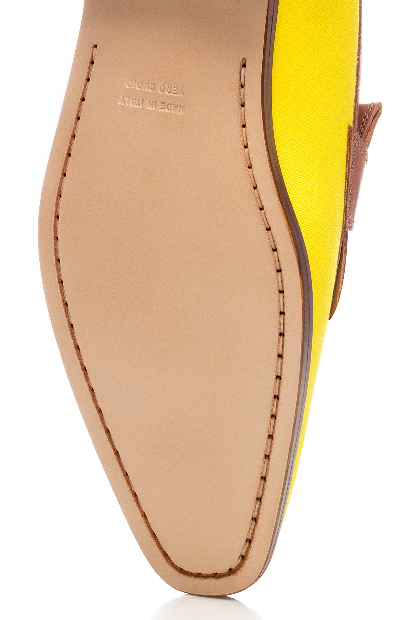 Yellow leather and textile tassel moccasins