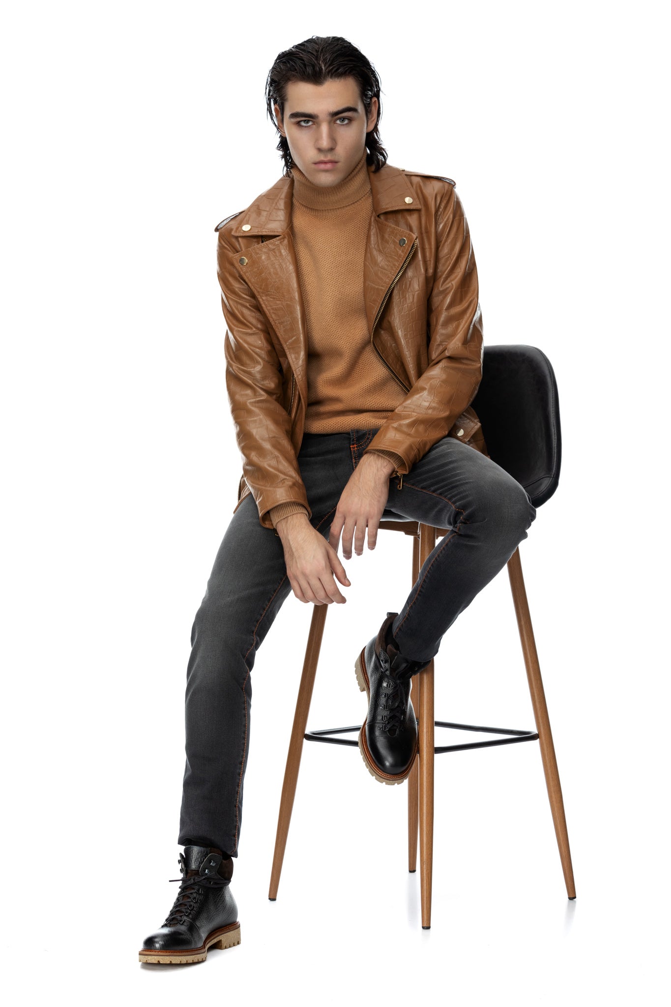 Jacheta biker din piele camel