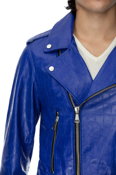 Blue leather biker jacket