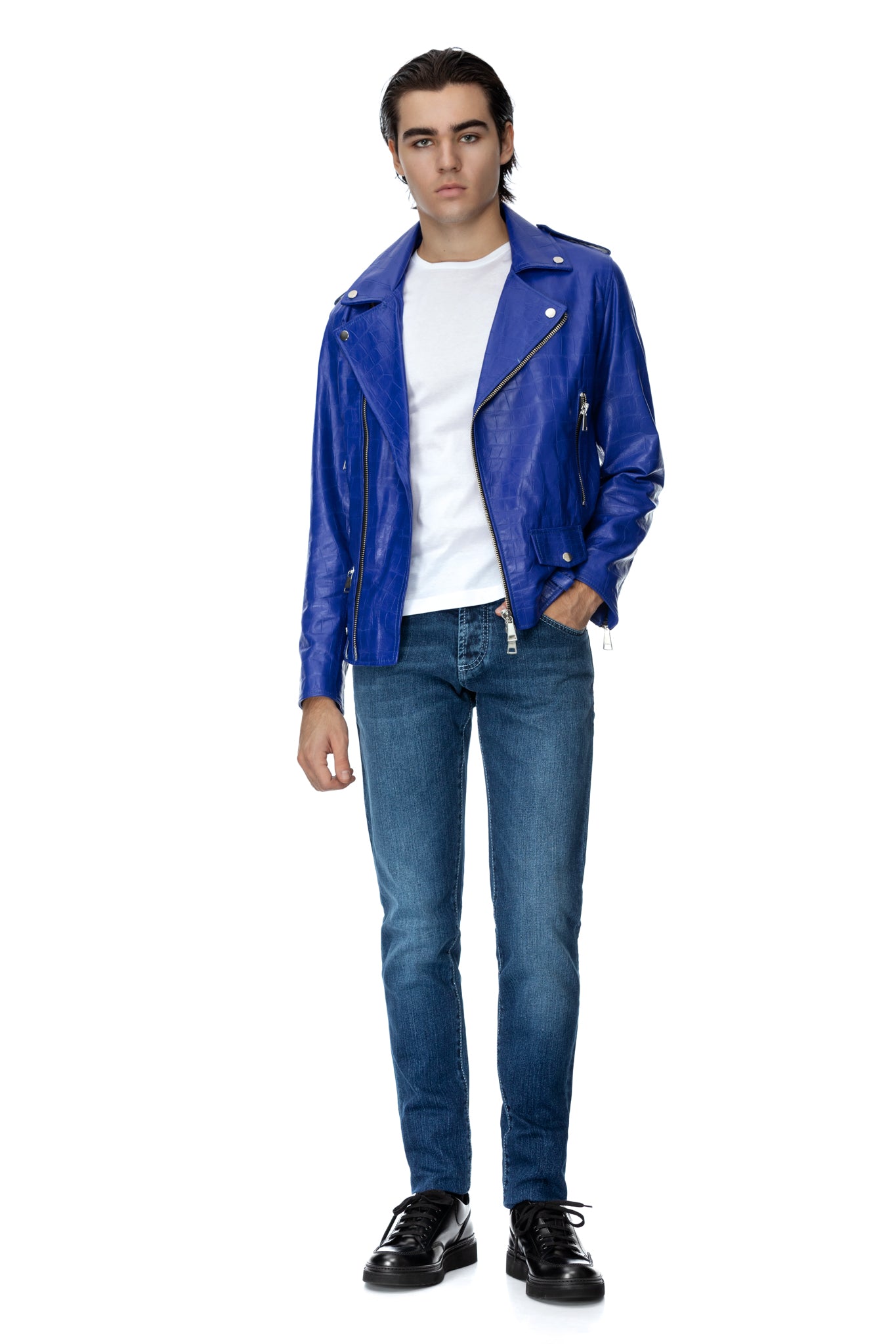 Jacheta biker din piele albastra