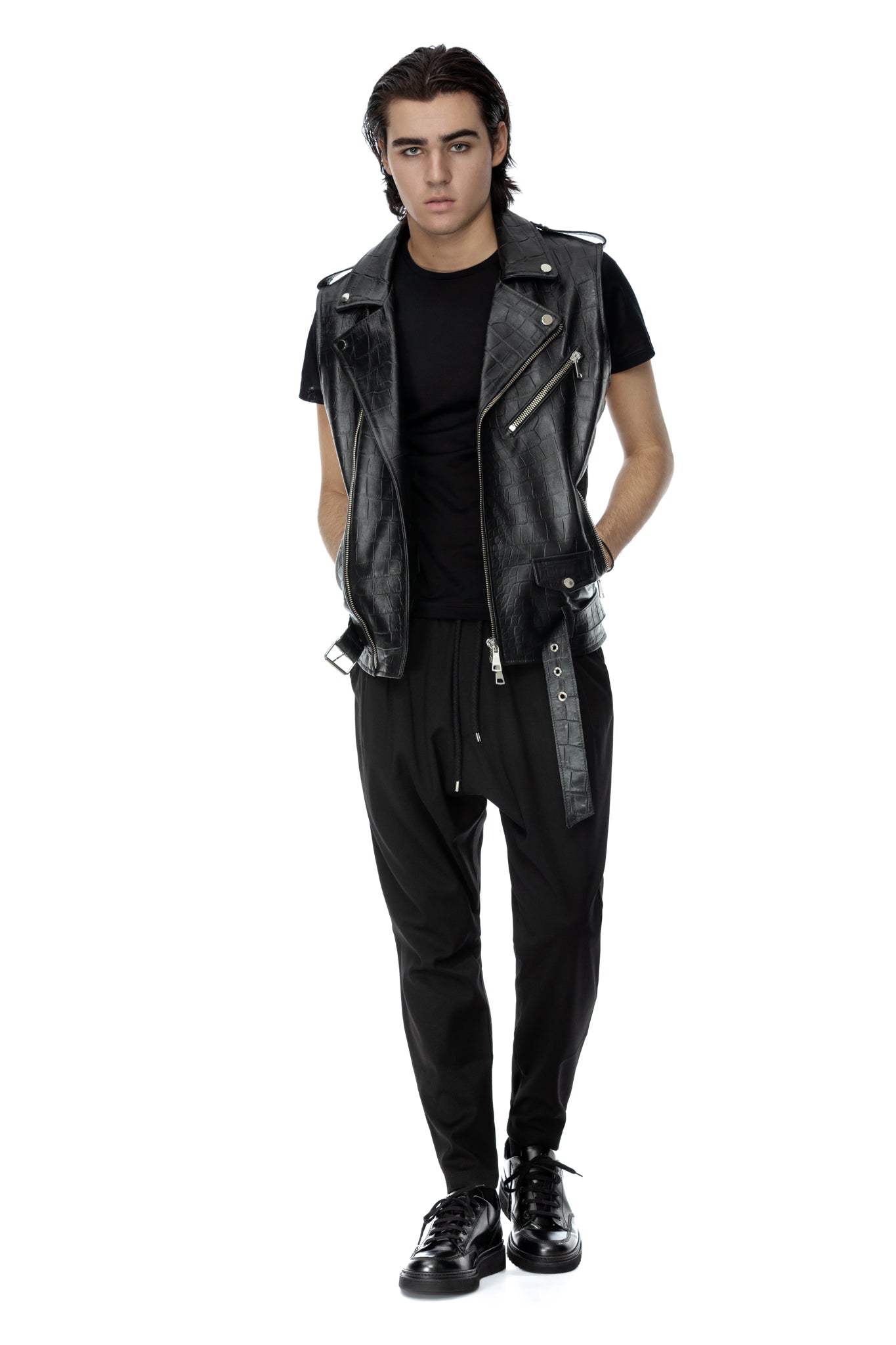 Black leather biker vest