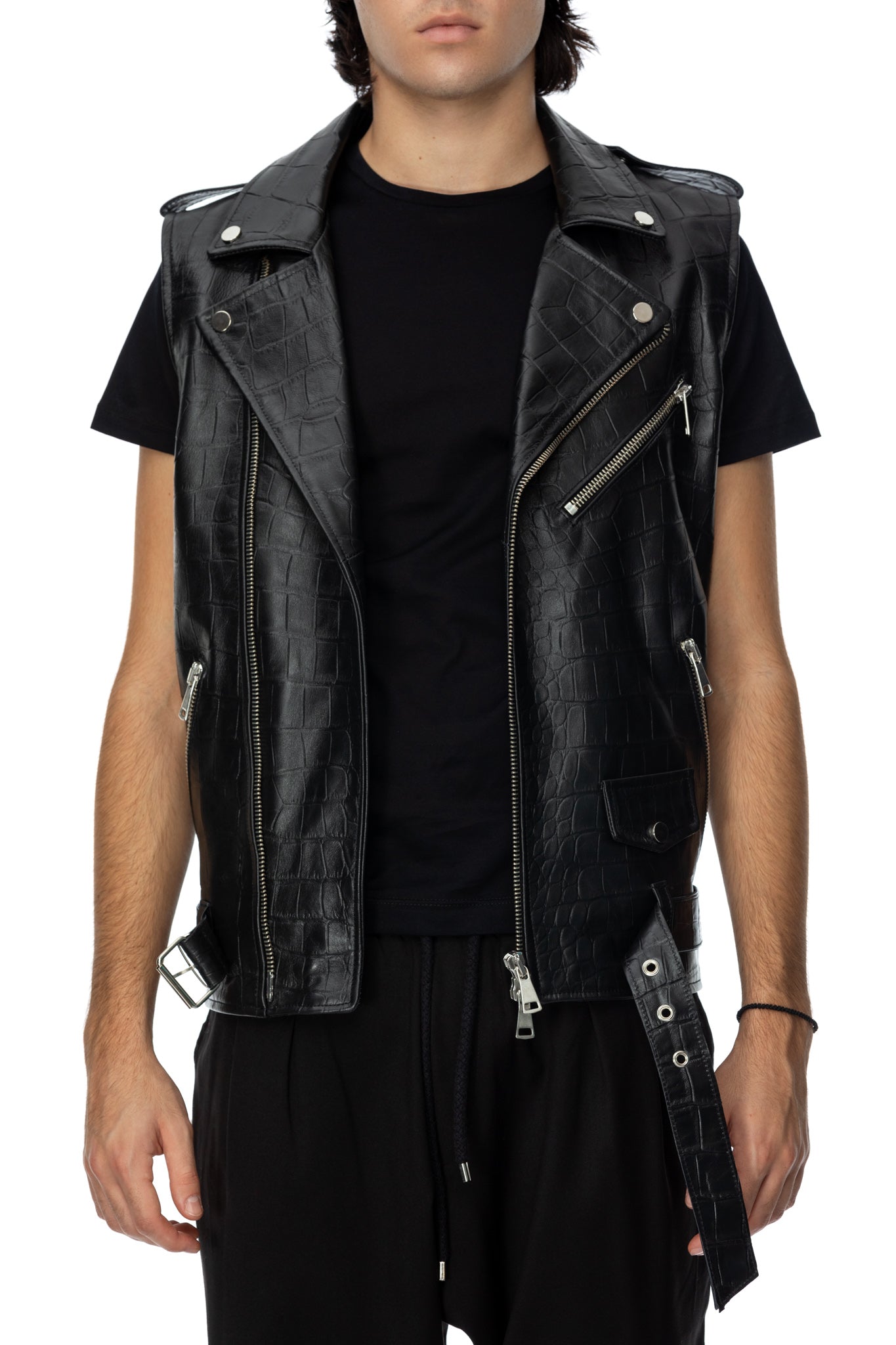 Black leather biker vest