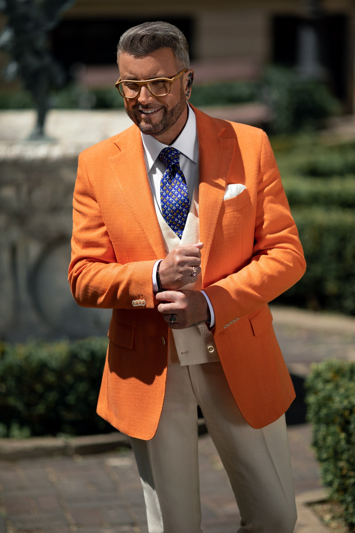 Orange jacket made of natural silk, slim fit