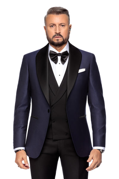 Navy tuxedo jacket with stand collar