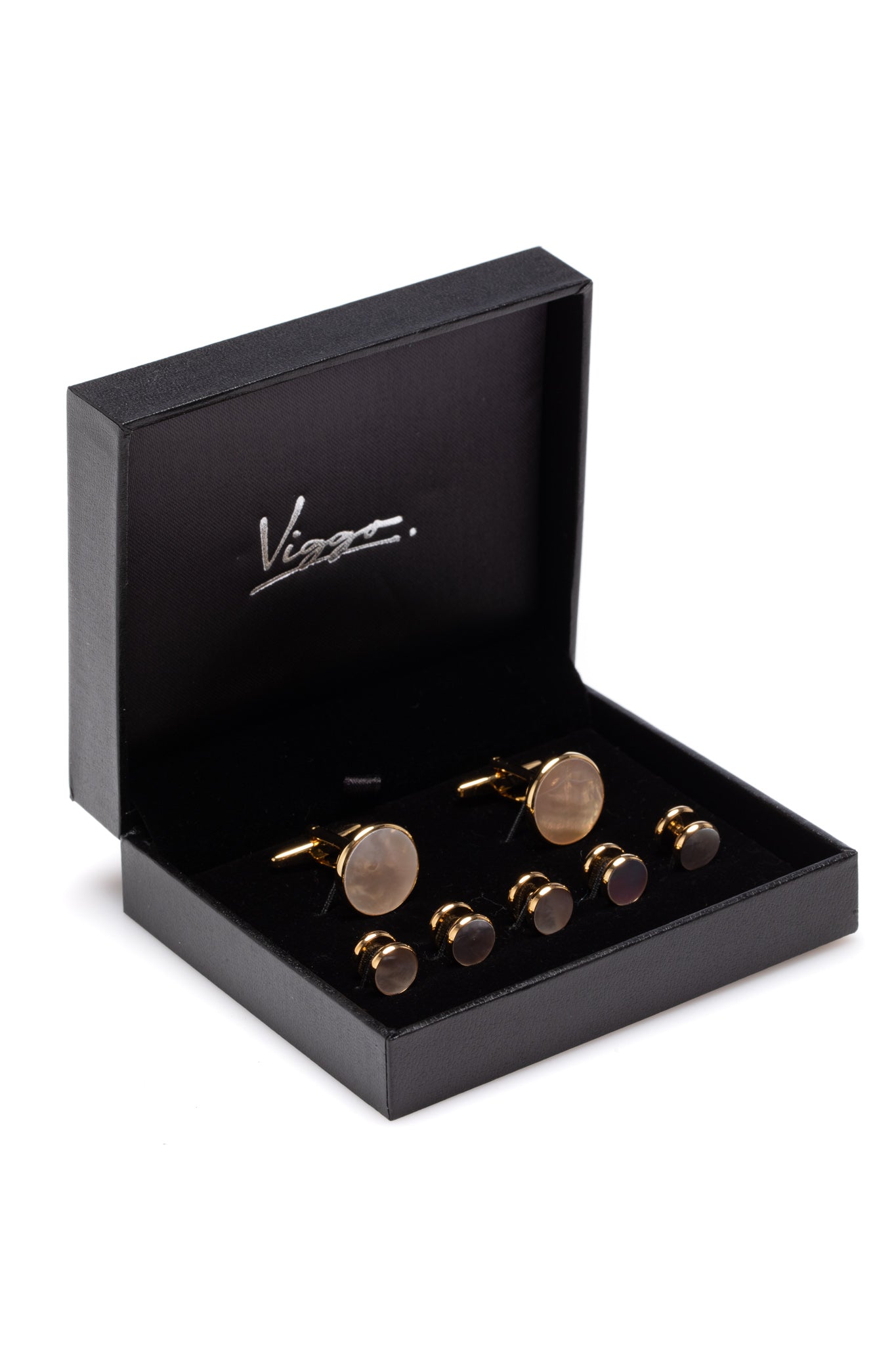 Set of golden cufflinks and buttons with white stone