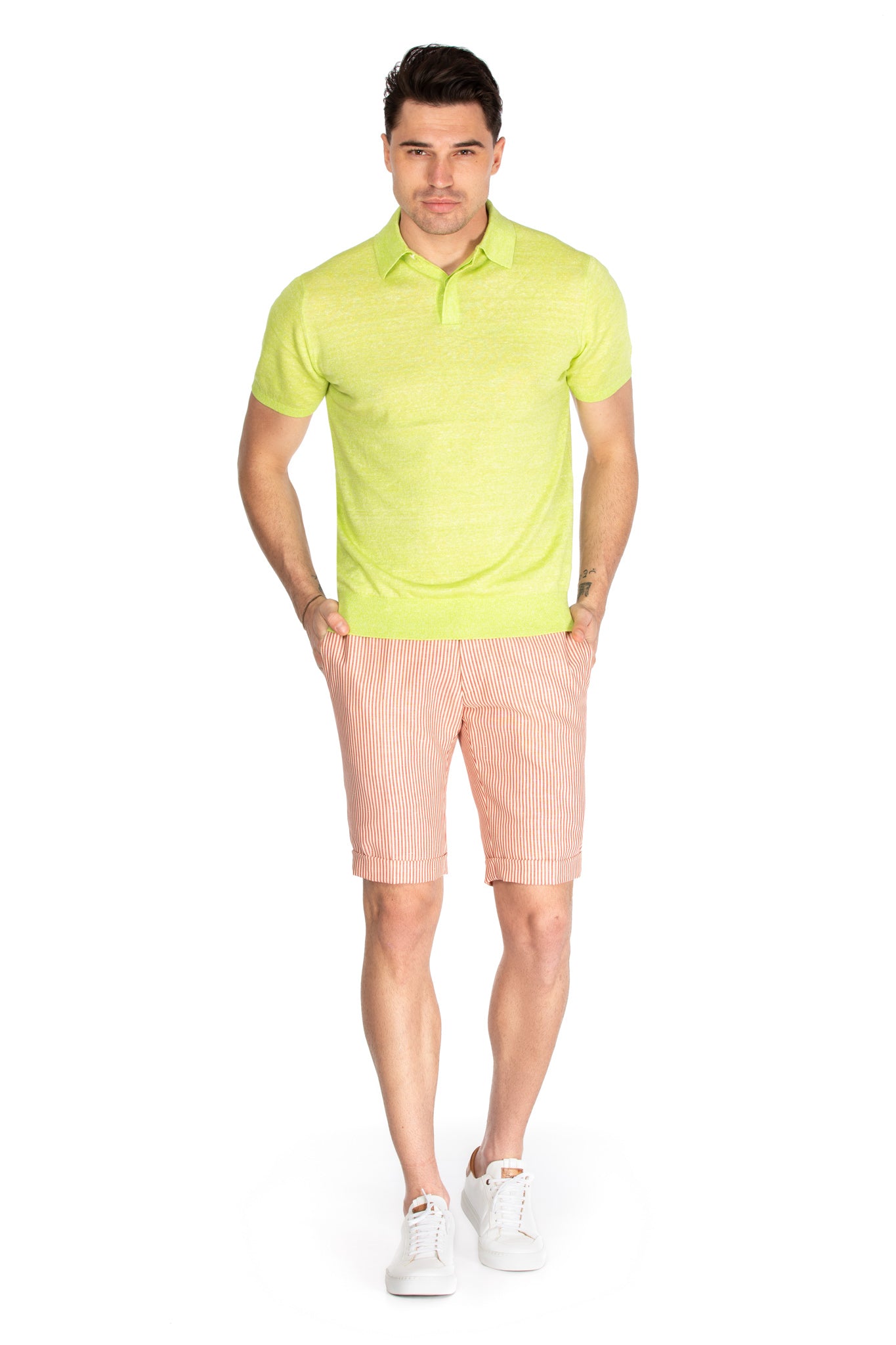 Green polo shirt in merino wool and linen