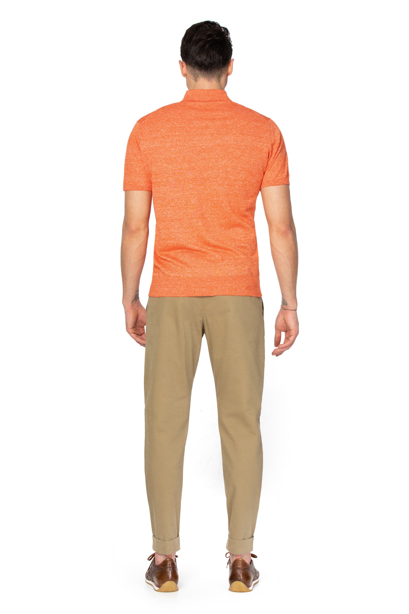 Orange polo shirt made of merino wool and linen