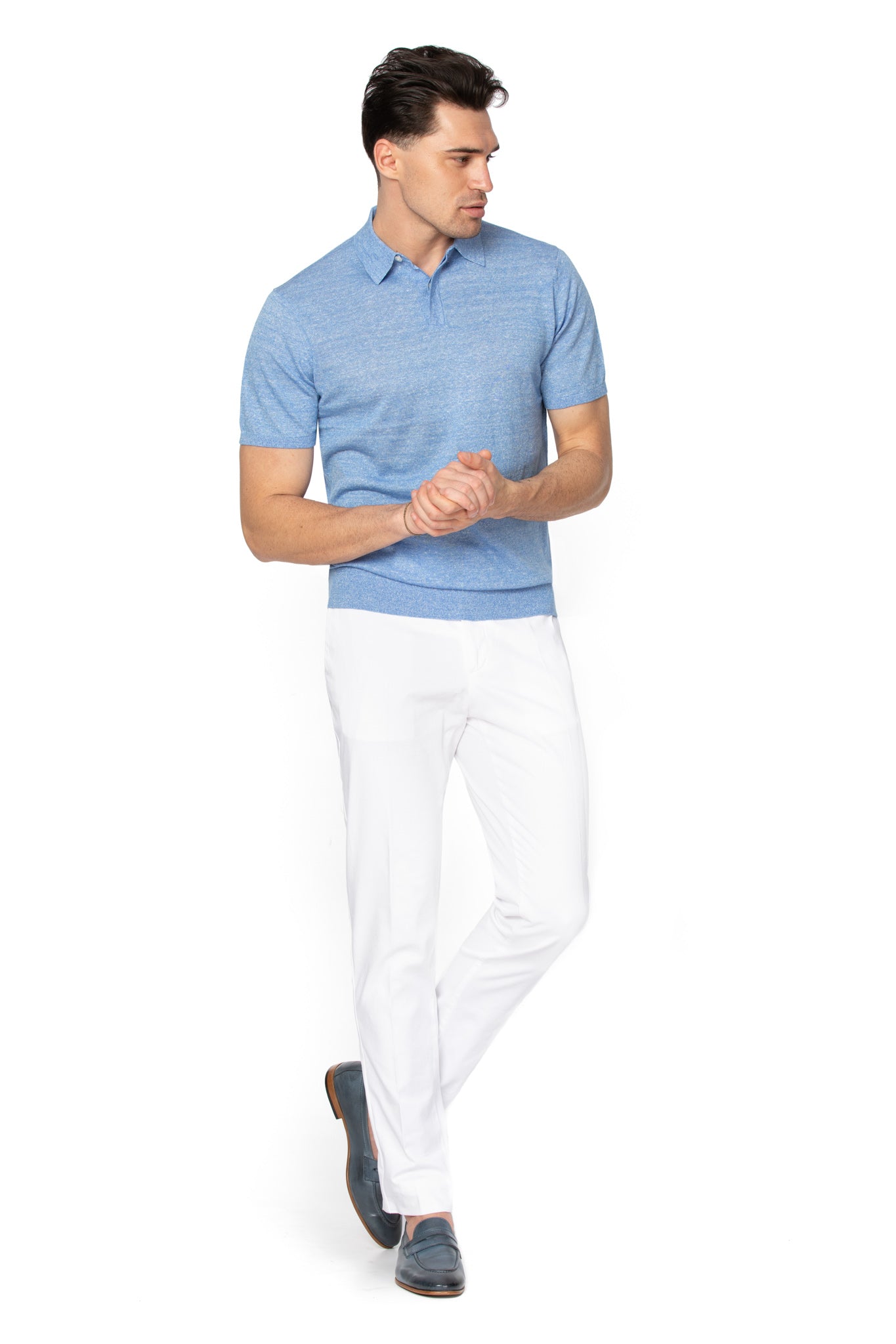 Tricou polo bleu din lana merino si in
