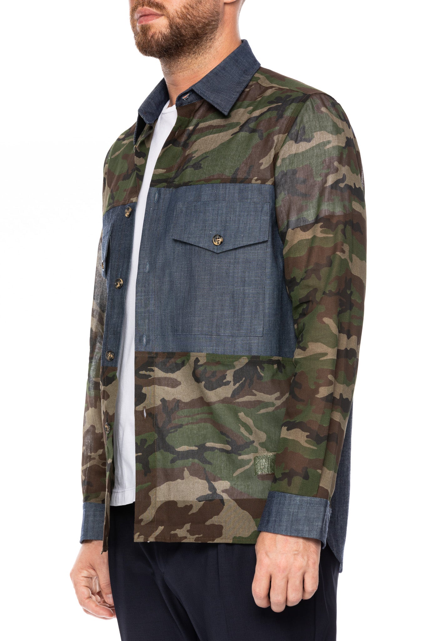 Army shirt with denim inserts