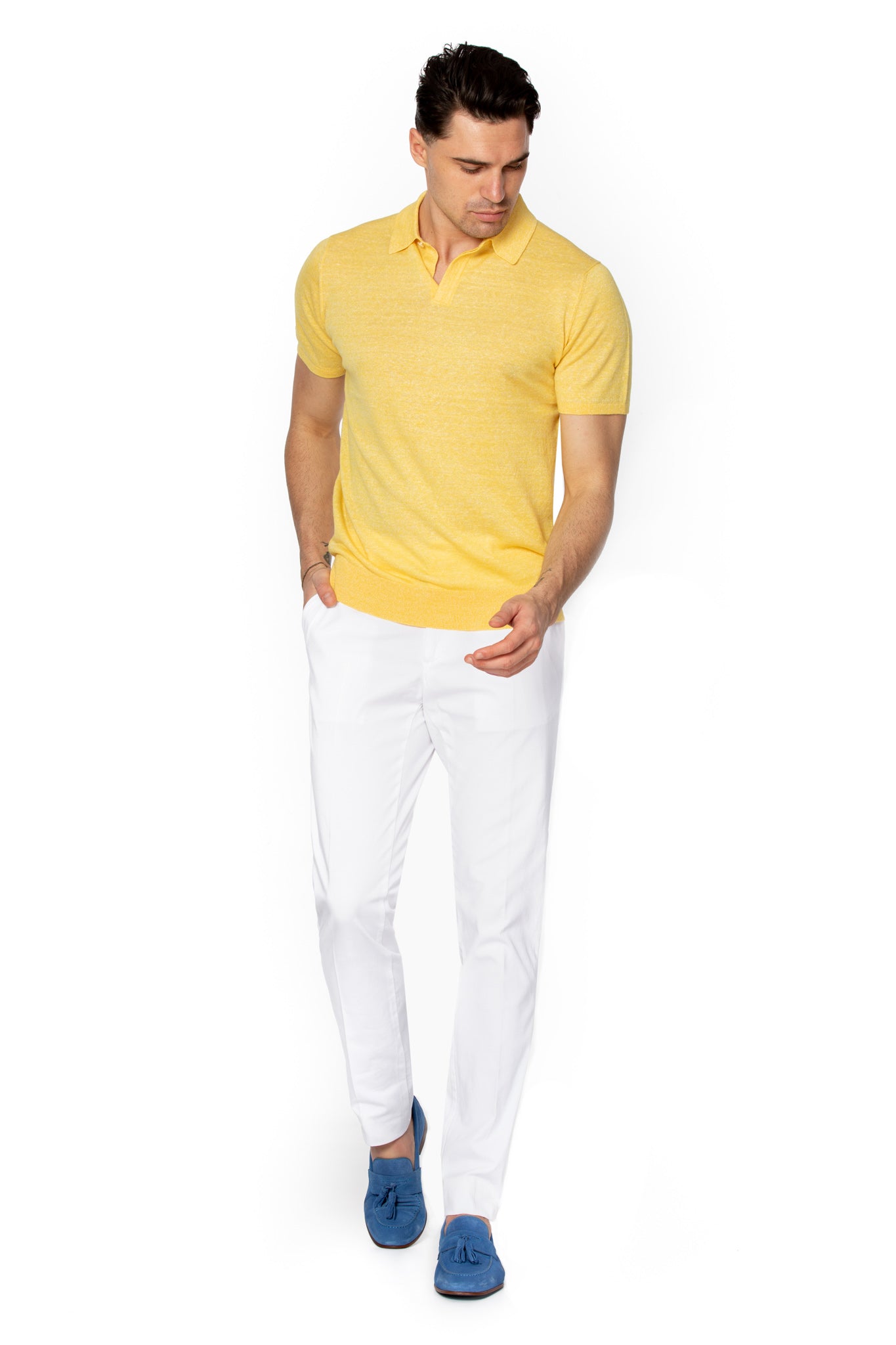 Yellow polo shirt in merino wool and linen