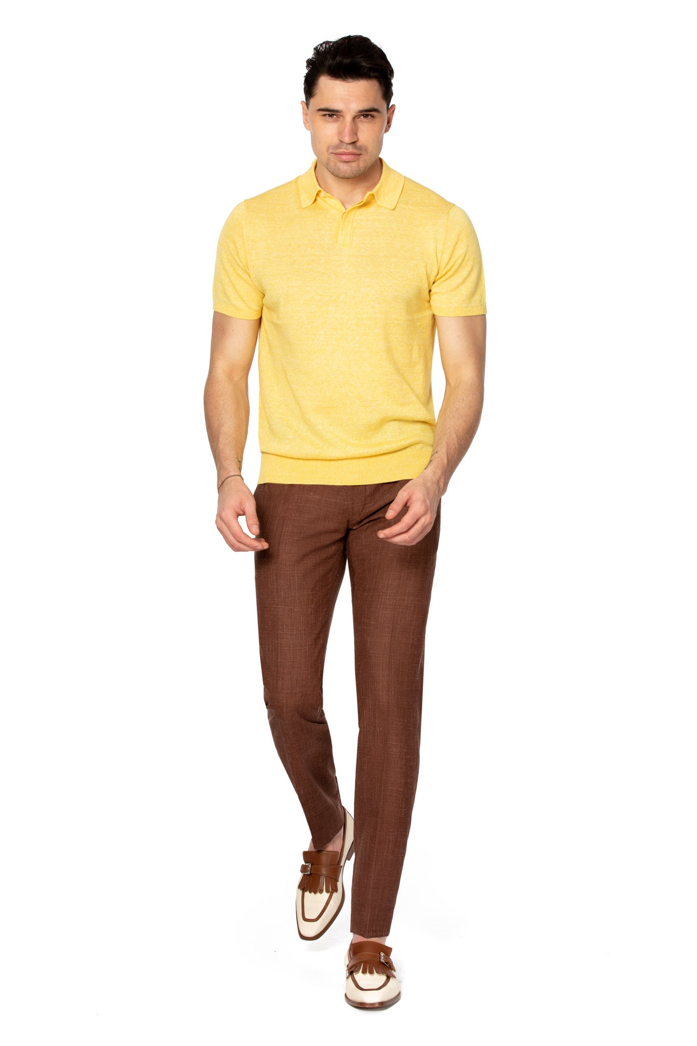 Yellow polo shirt in merino wool and linen