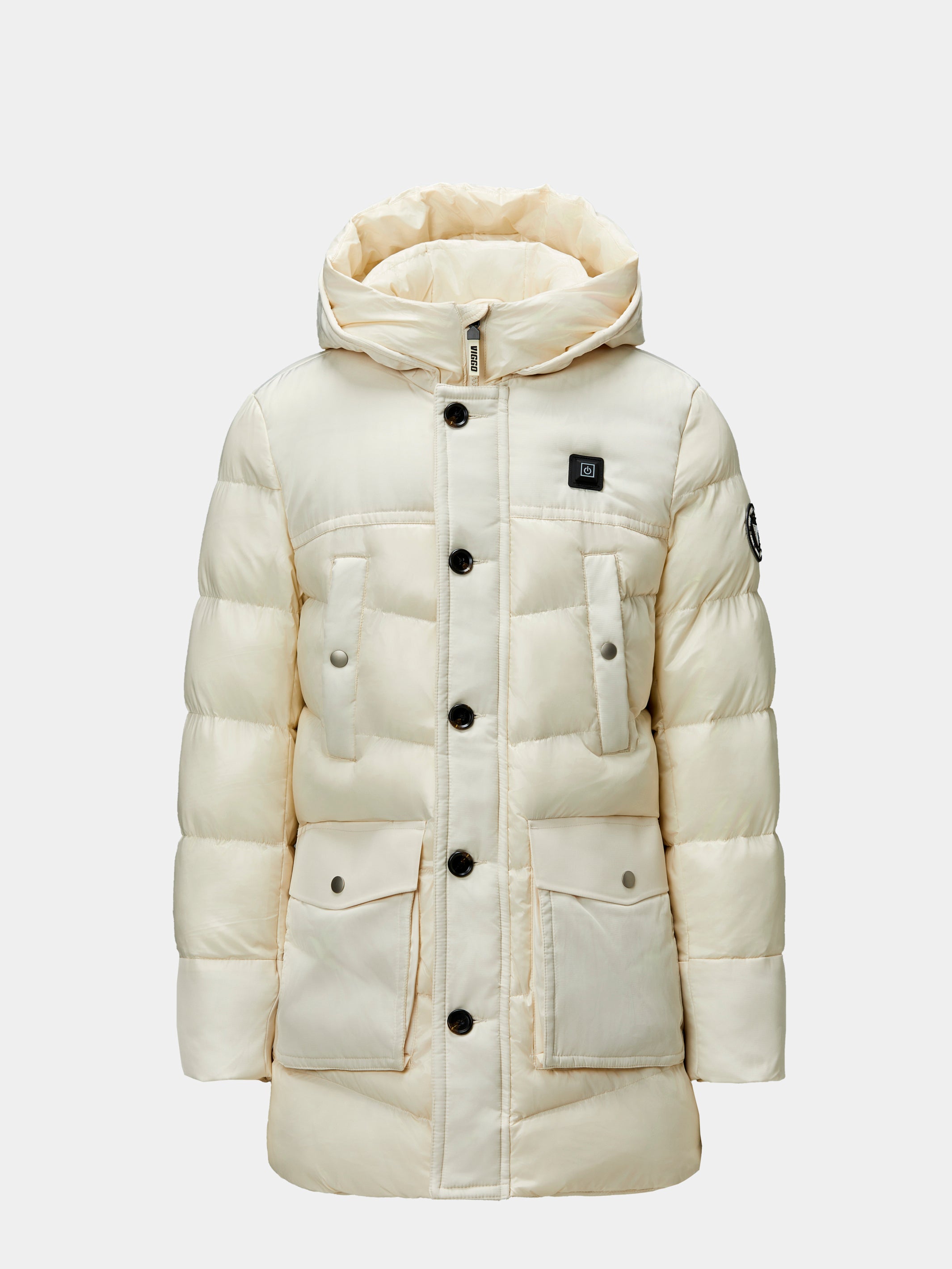 暖房付きの長い白いジャケット