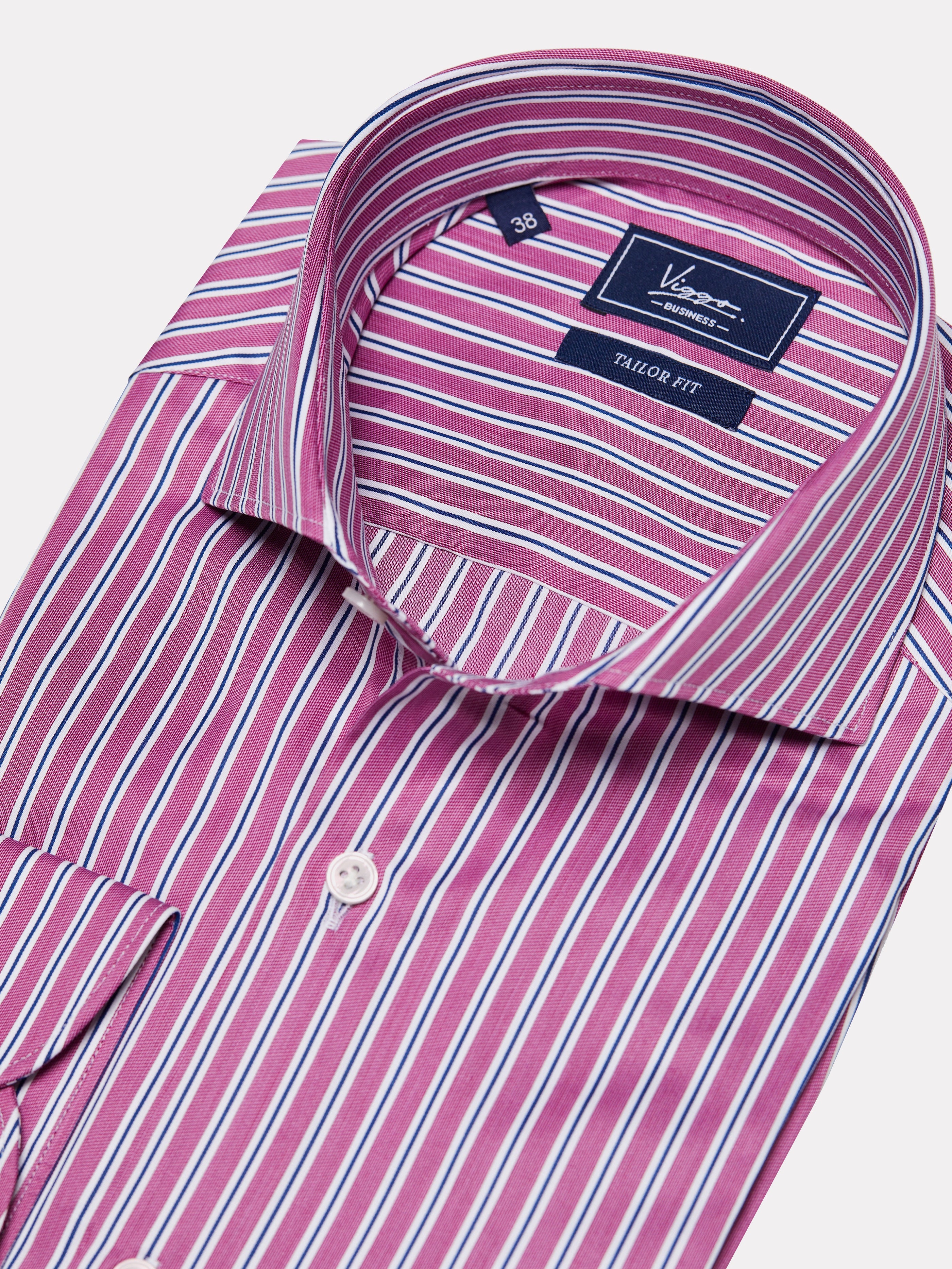 Pink shirt with white and navy stripes